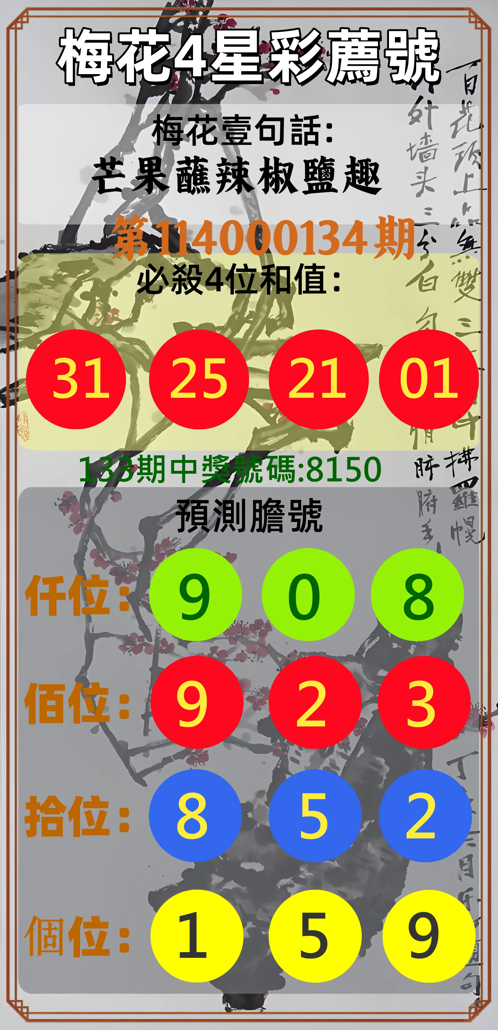 4星彩第114000134期梅花4星彩薦號