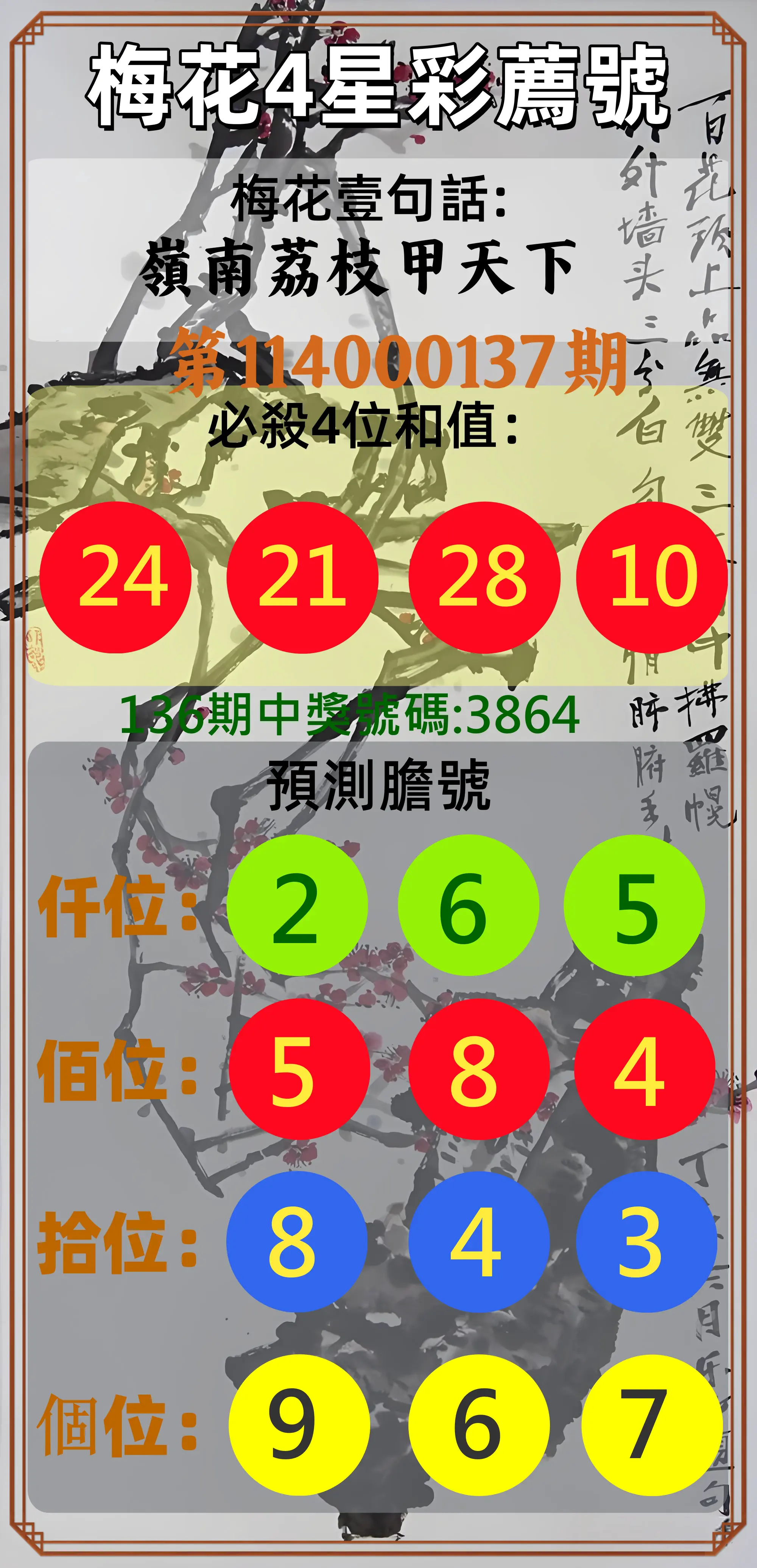 4星彩第114000137期梅花4星彩薦號