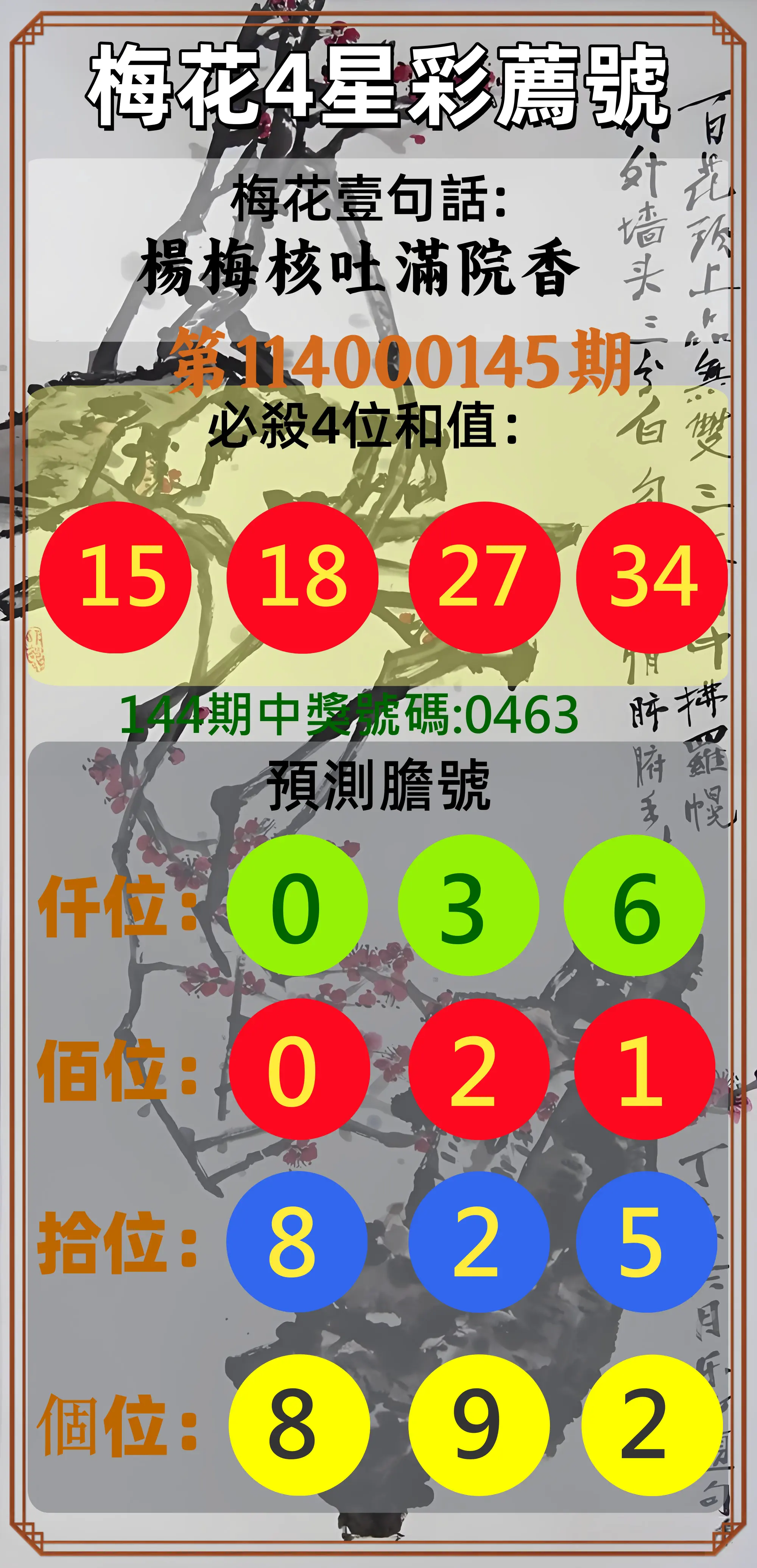 4星彩第114000145期梅花4星彩薦號