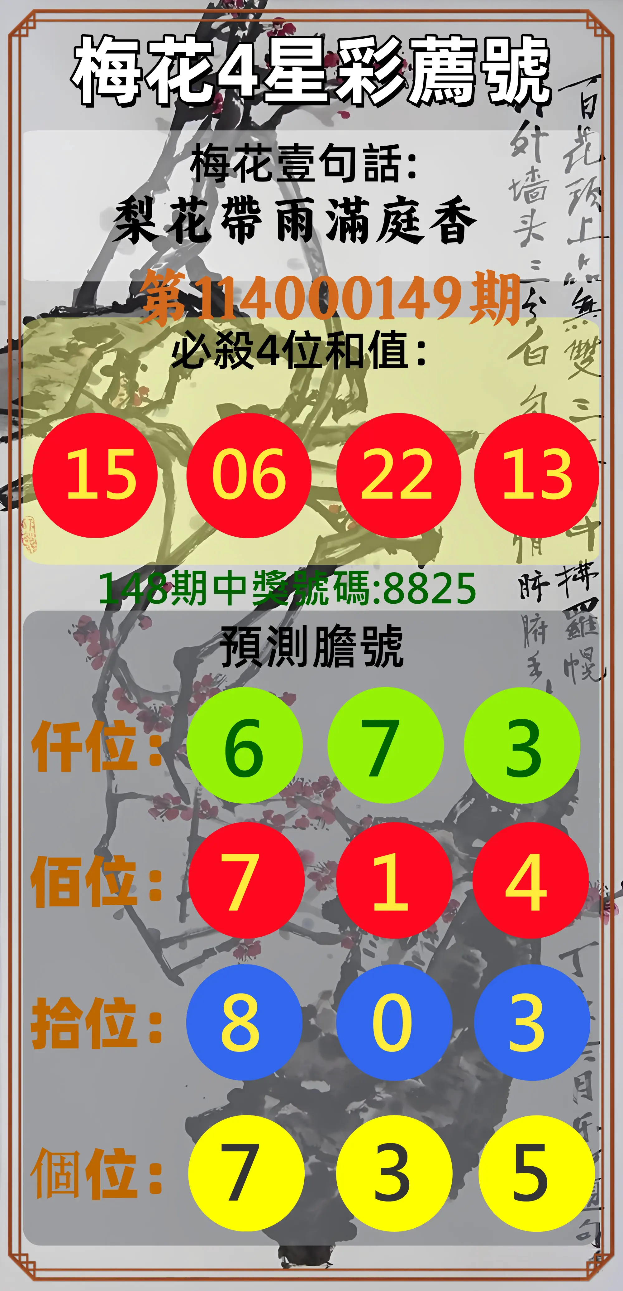 4星彩第114000149期梅花4星彩薦號