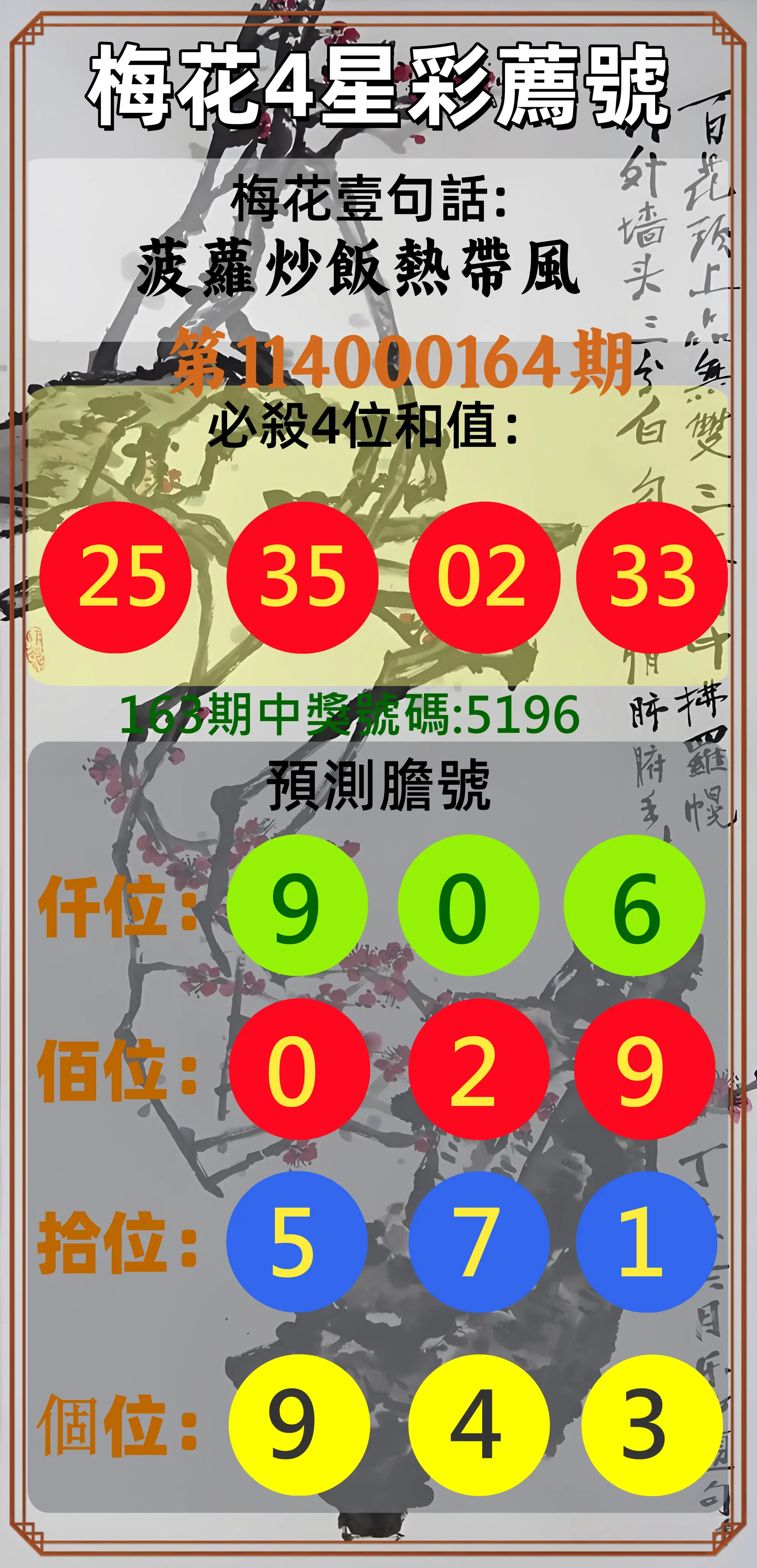 4星彩第114000164期(07/08)梅花4星彩薦號