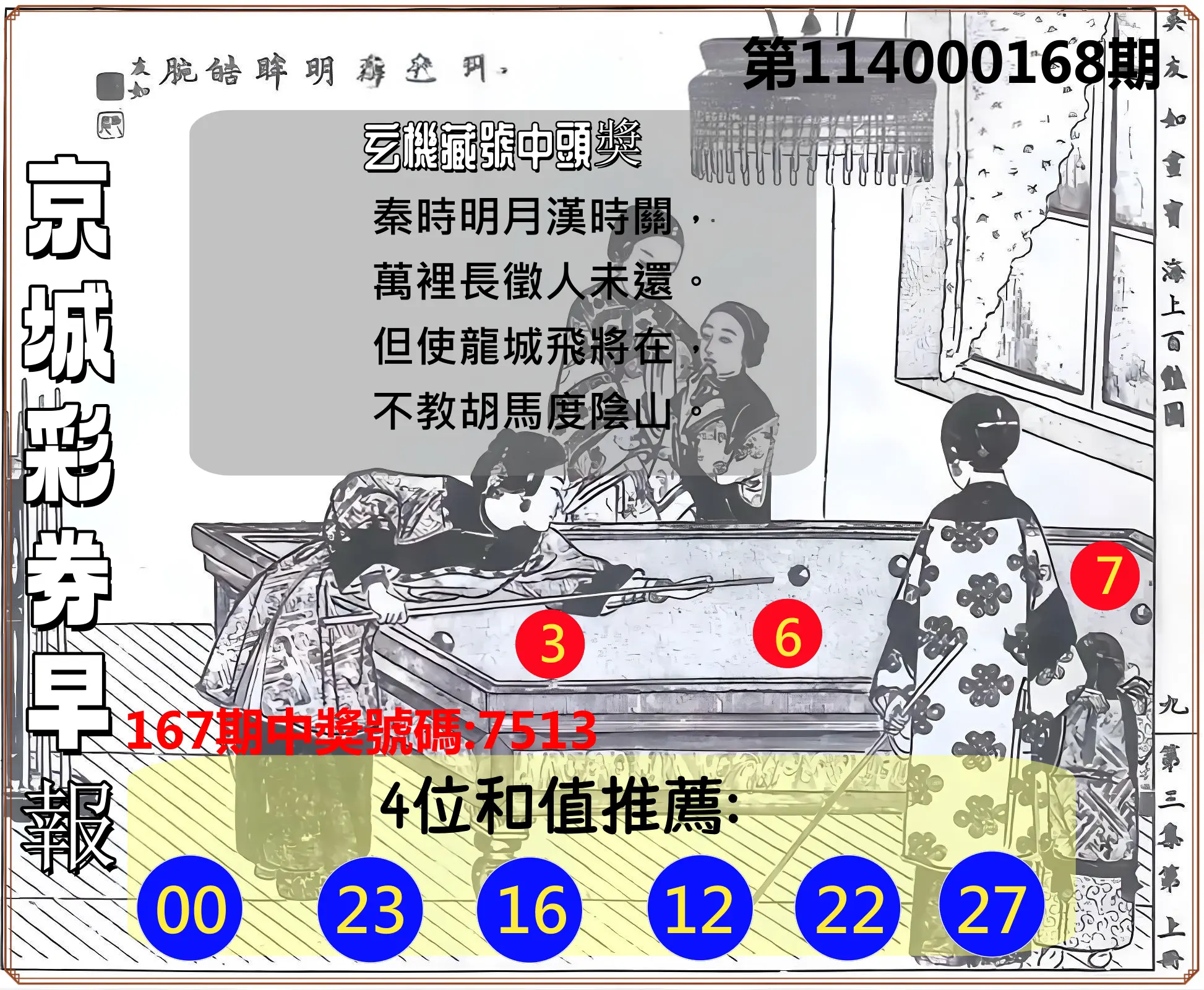 4星彩第114000168期(07/11)京城彩券早報