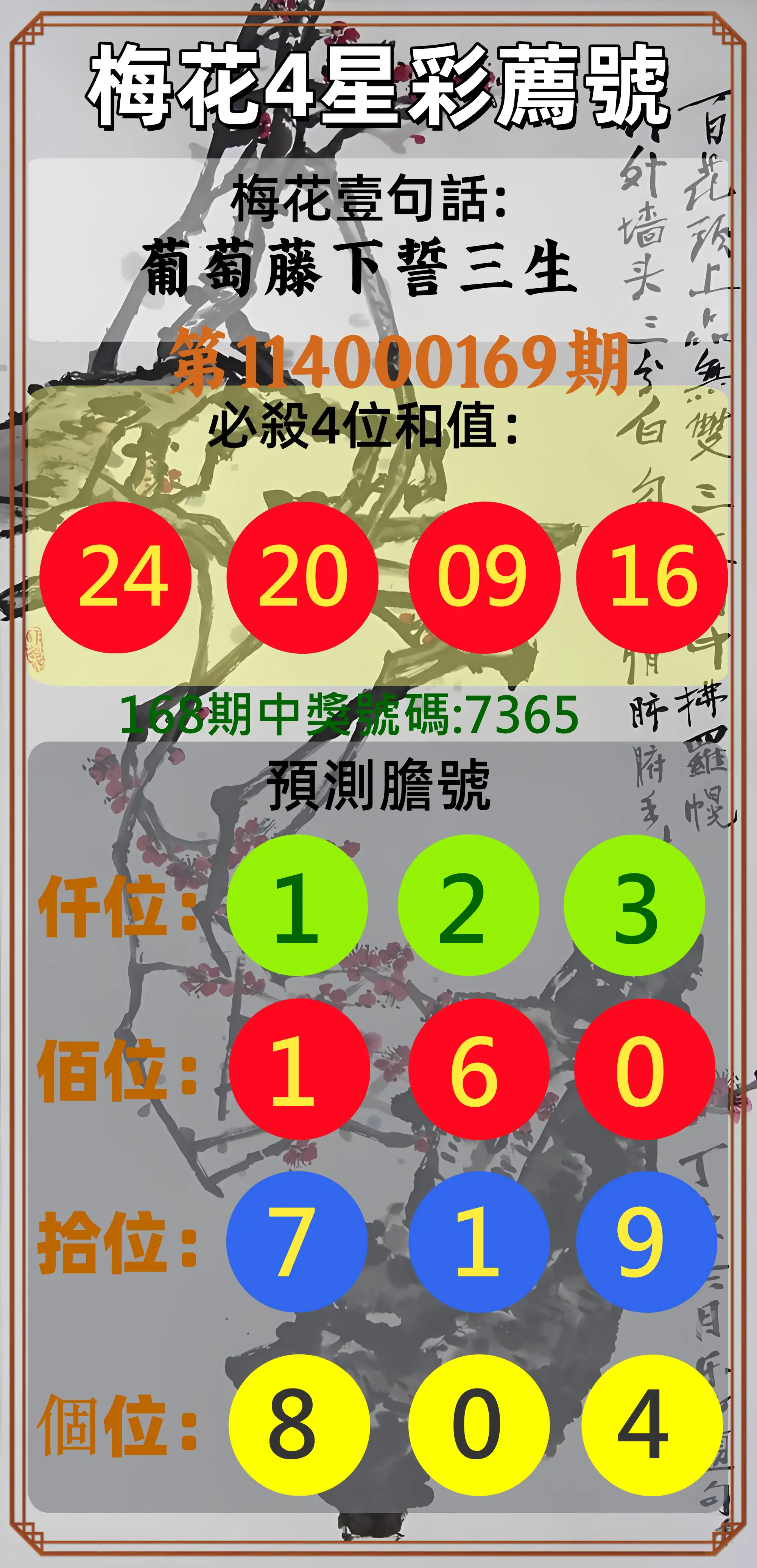 4星彩第114000169期(07/12)梅花4星彩薦號