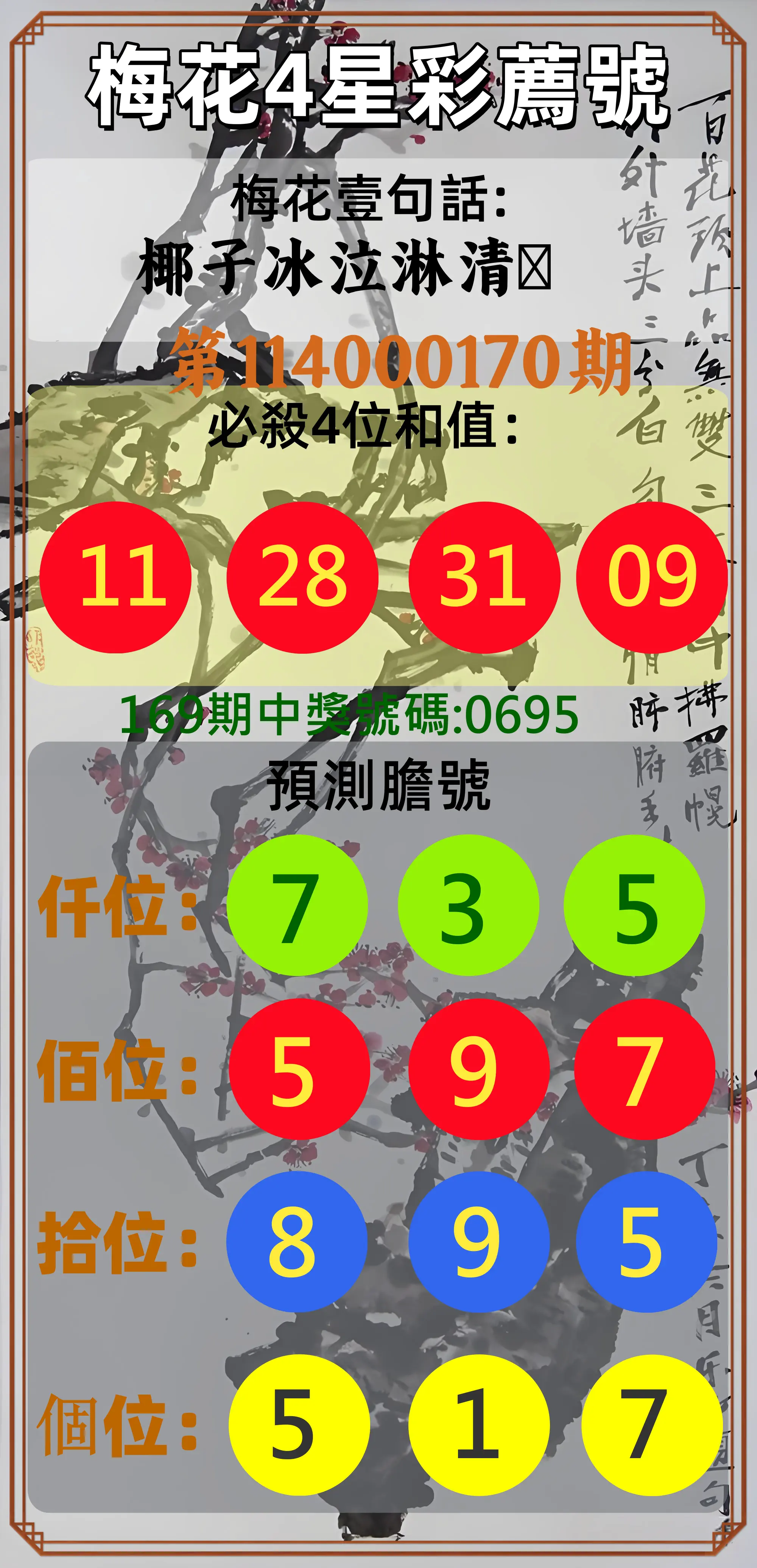 4星彩第114000170期(07/14)梅花4星彩薦號