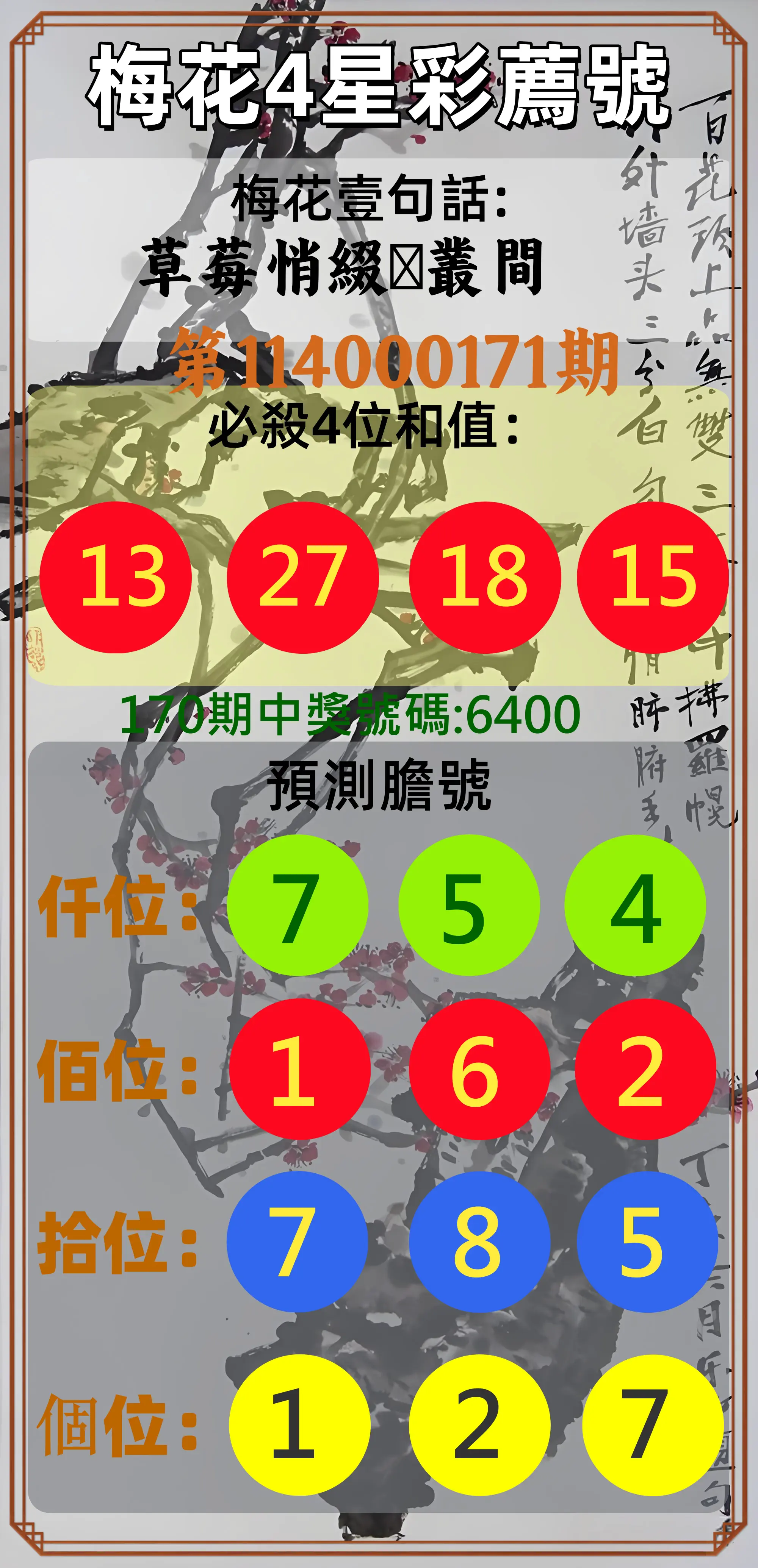 4星彩第114000171期(07/15)梅花4星彩薦號