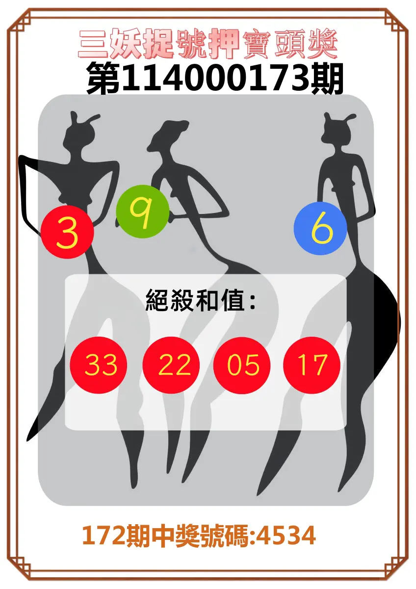 4星彩第114000173期(07/17)三妖捉號押寶頭獎