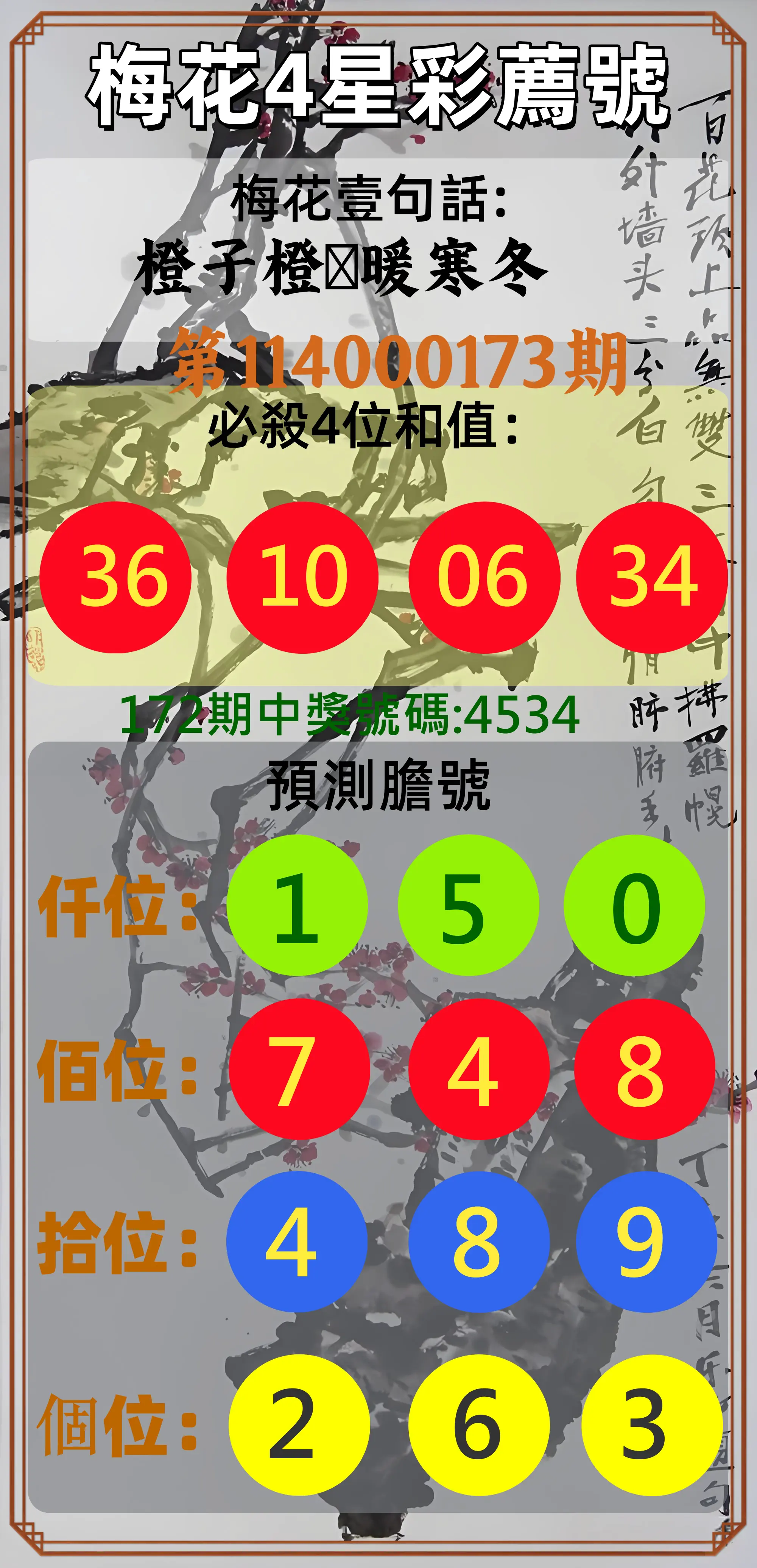 4星彩第114000173期(07/17)梅花4星彩薦號