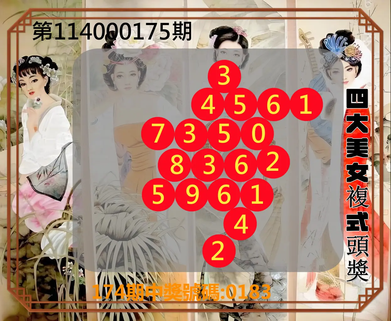 4星彩第114000175期(07/19)四大美女複式頭獎