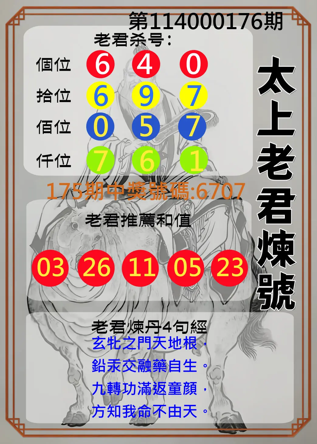 4星彩第114000176期(07/21)太上老君煉號