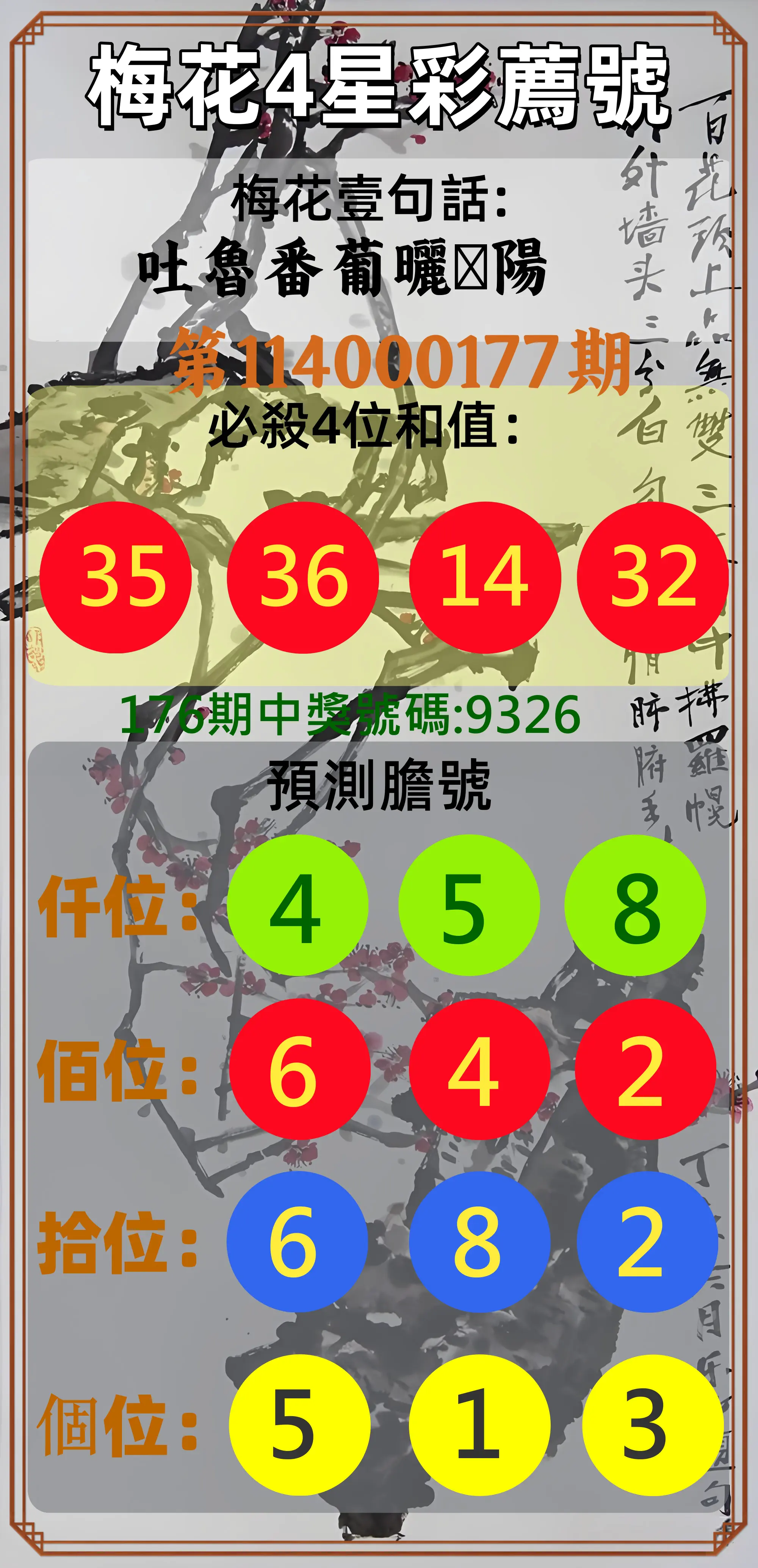 4星彩第114000177期(07/22)梅花4星彩薦號