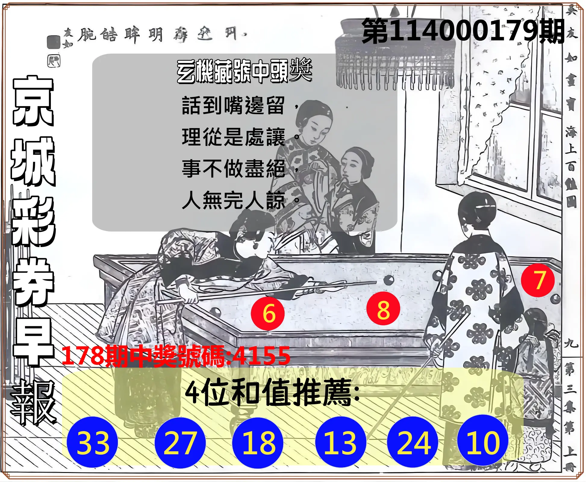 4星彩第114000179期(07/24)京城彩券早報