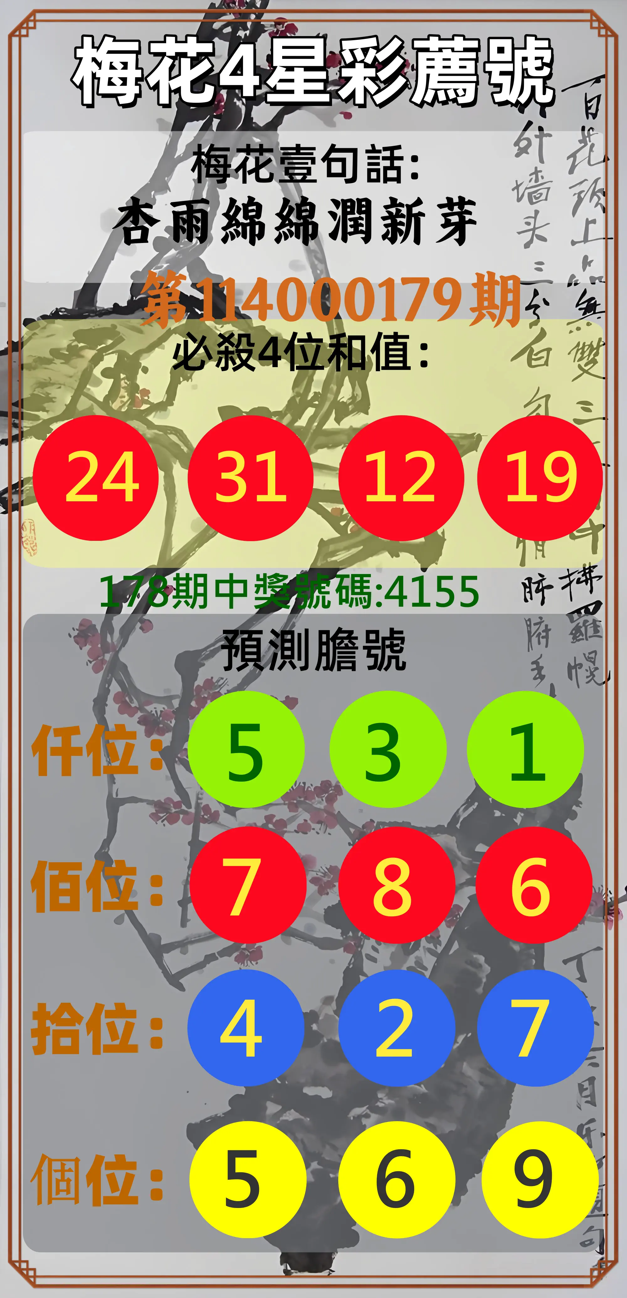 4星彩第114000179期(07/24)梅花4星彩薦號