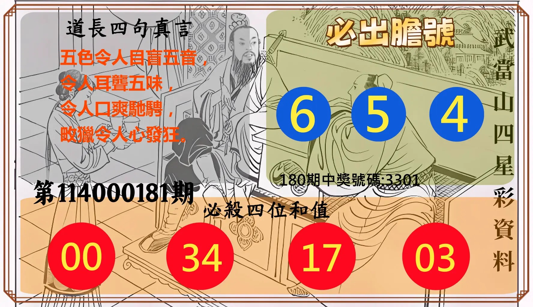 4星彩第114000181期(07/26)武當山四星彩資料