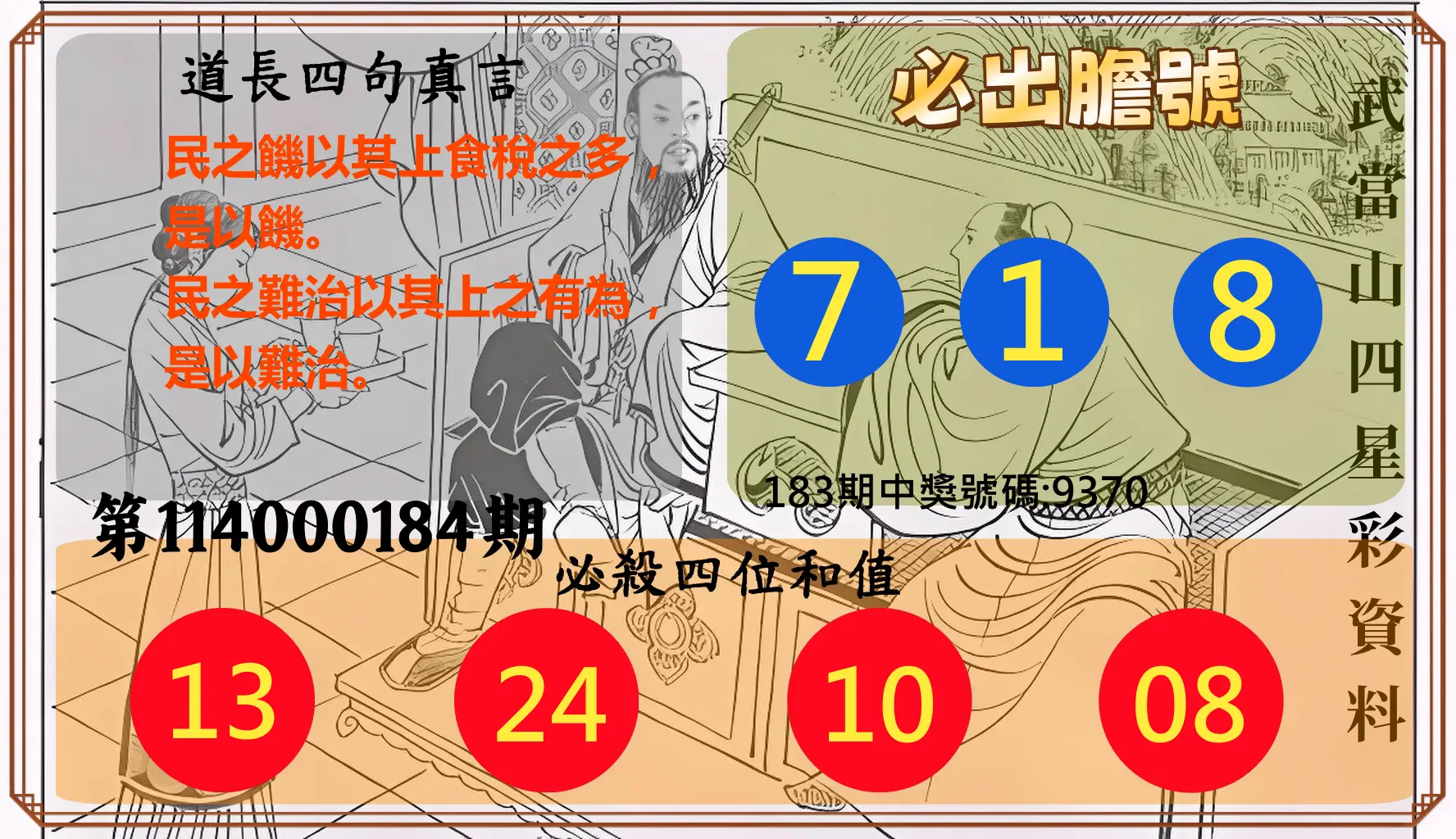 4星彩第114000184期(07/30)武當山四星彩資料
