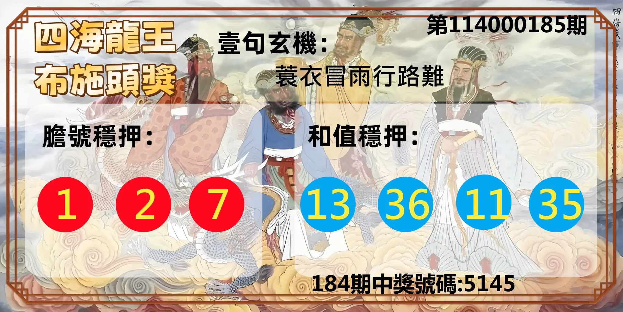 4星彩第114000185期(07/31)四海龍王布施頭獎