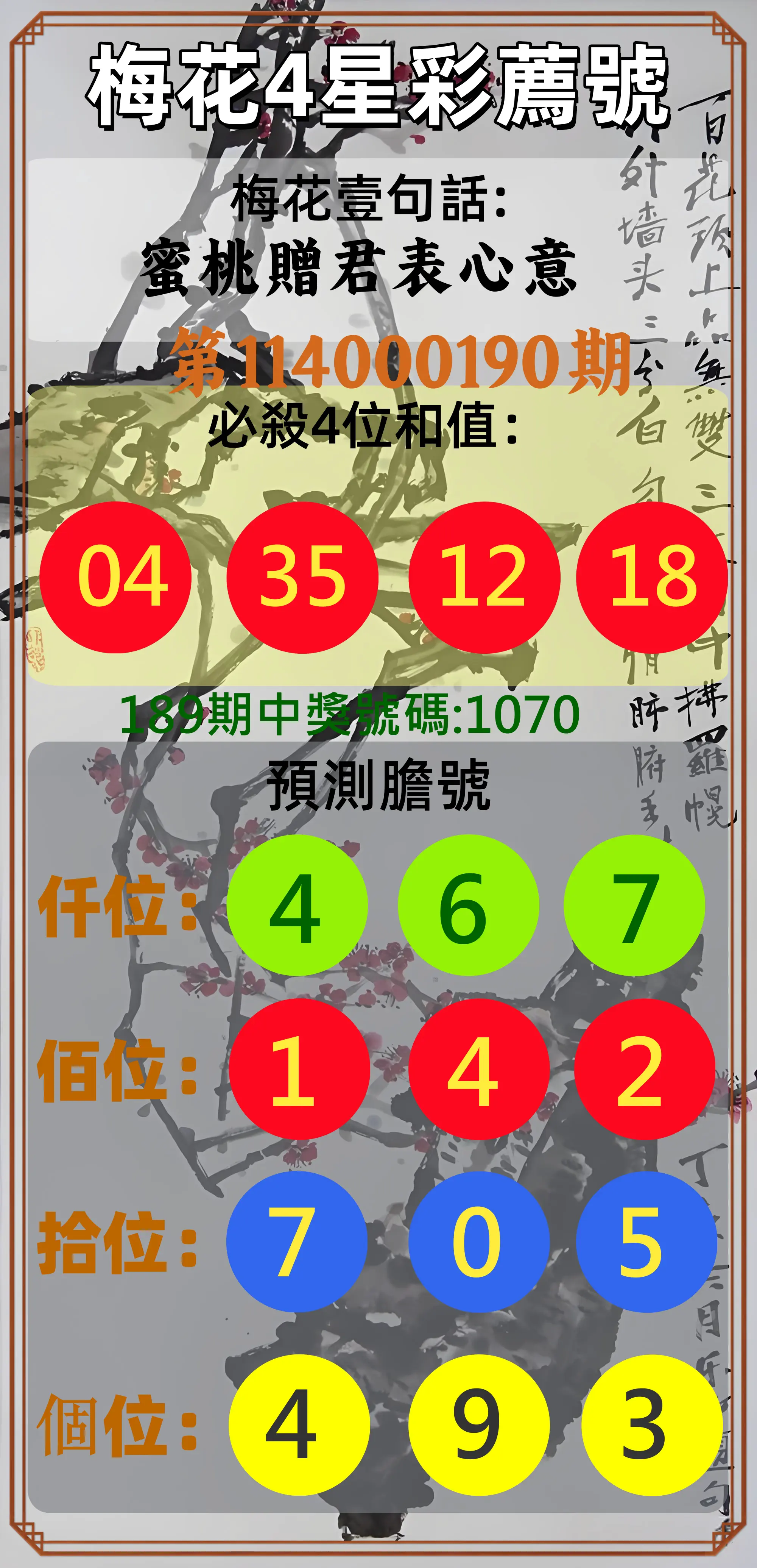 4星彩第114000190期(08/06)梅花4星彩薦號