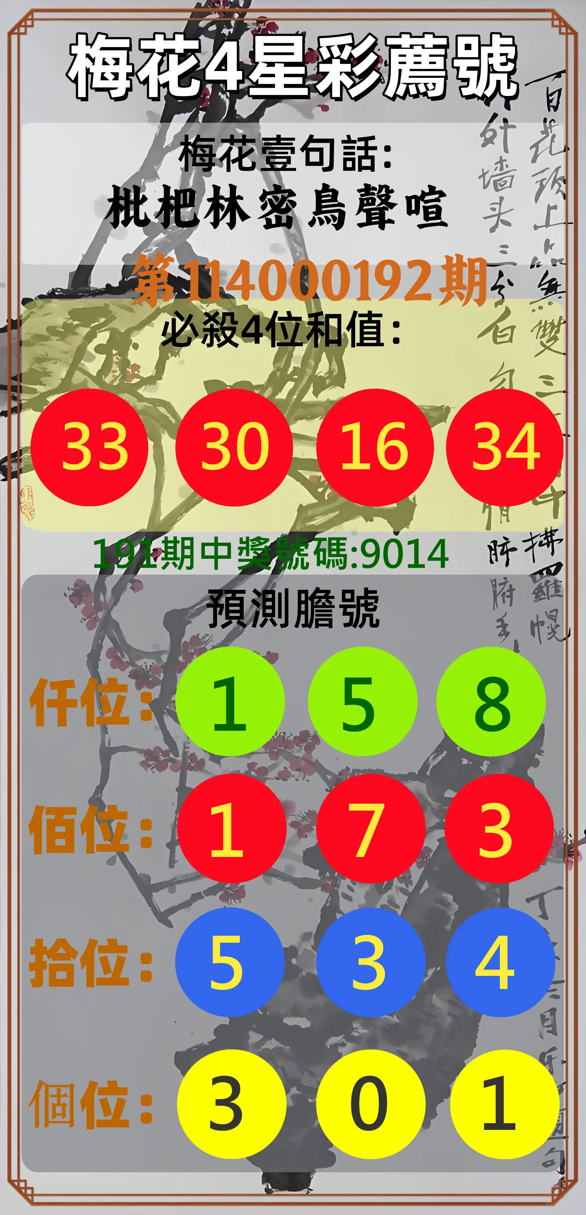 4星彩第114000192期(08/08)梅花4星彩薦號