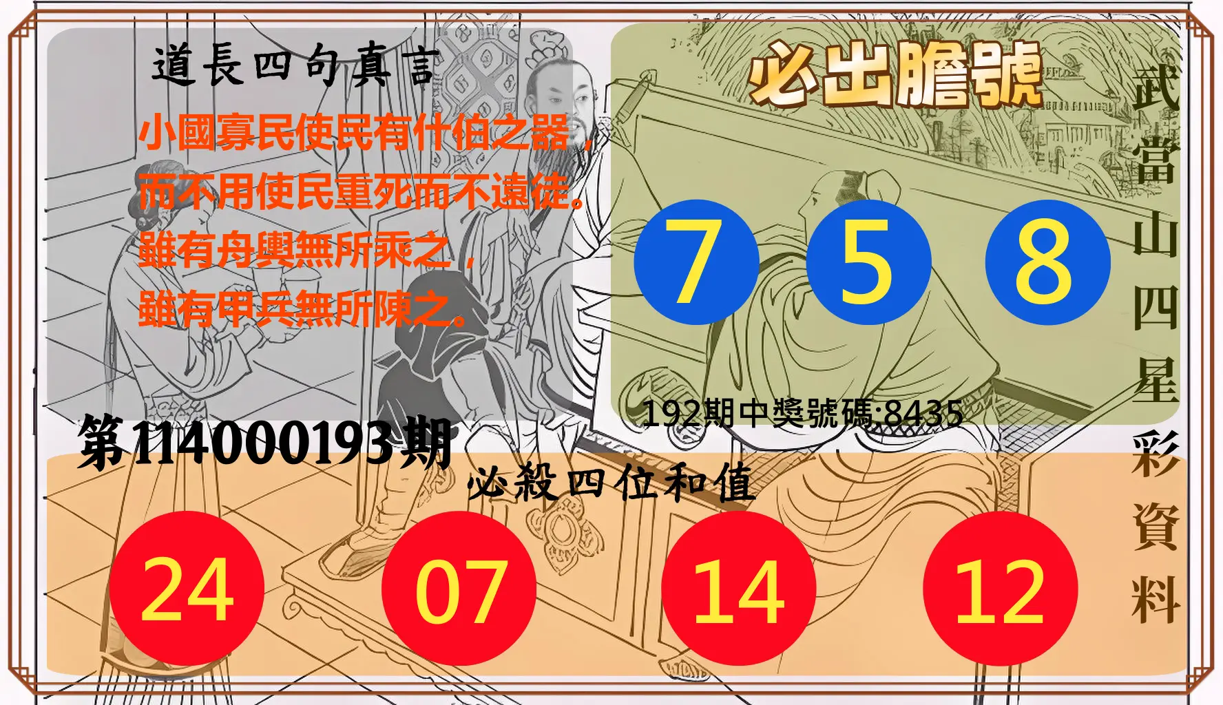 4星彩第114000193期(08/09)武當山四星彩資料