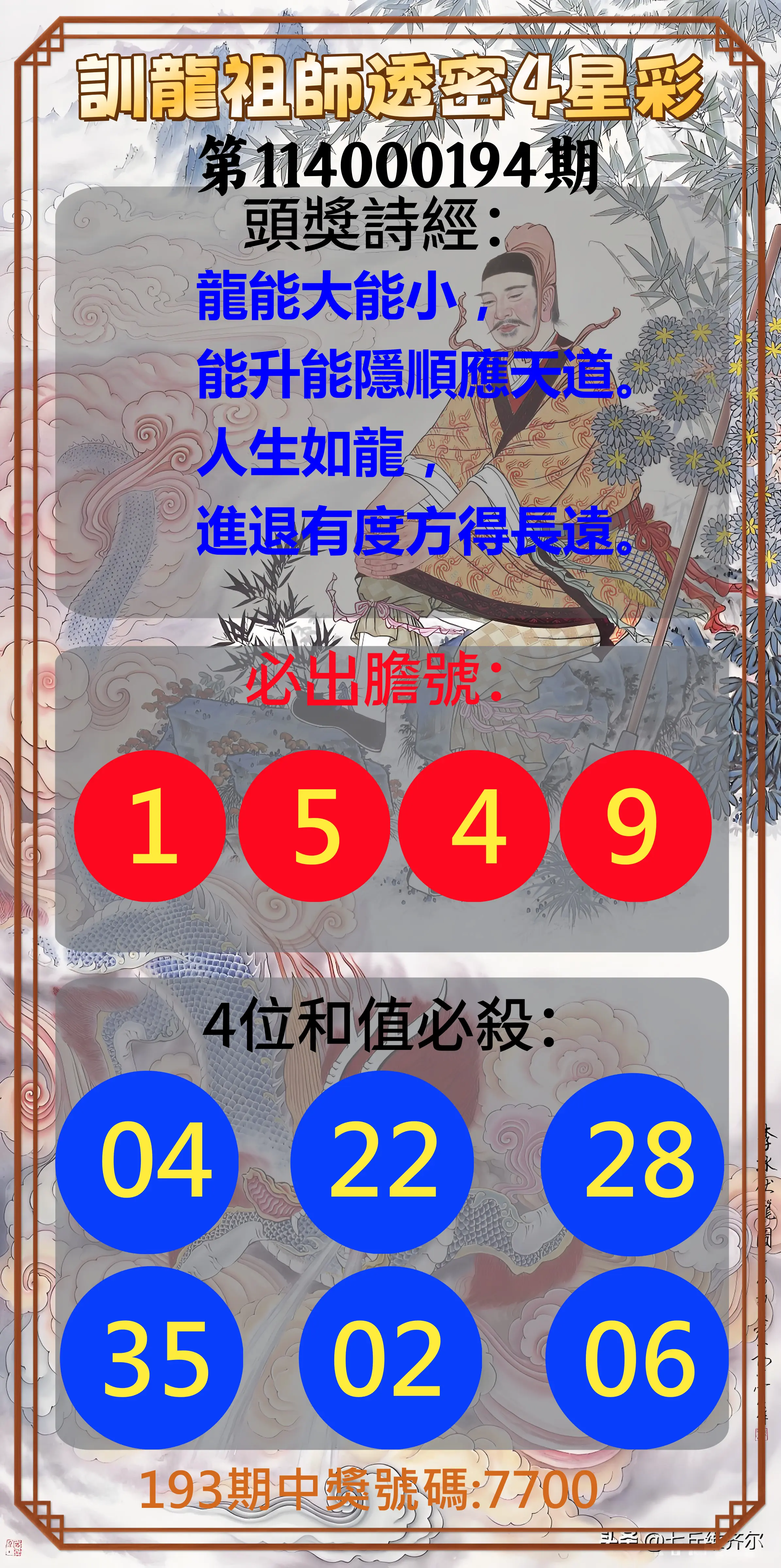 4星彩第114000194期(08/11)訓龍祖師透密4星彩