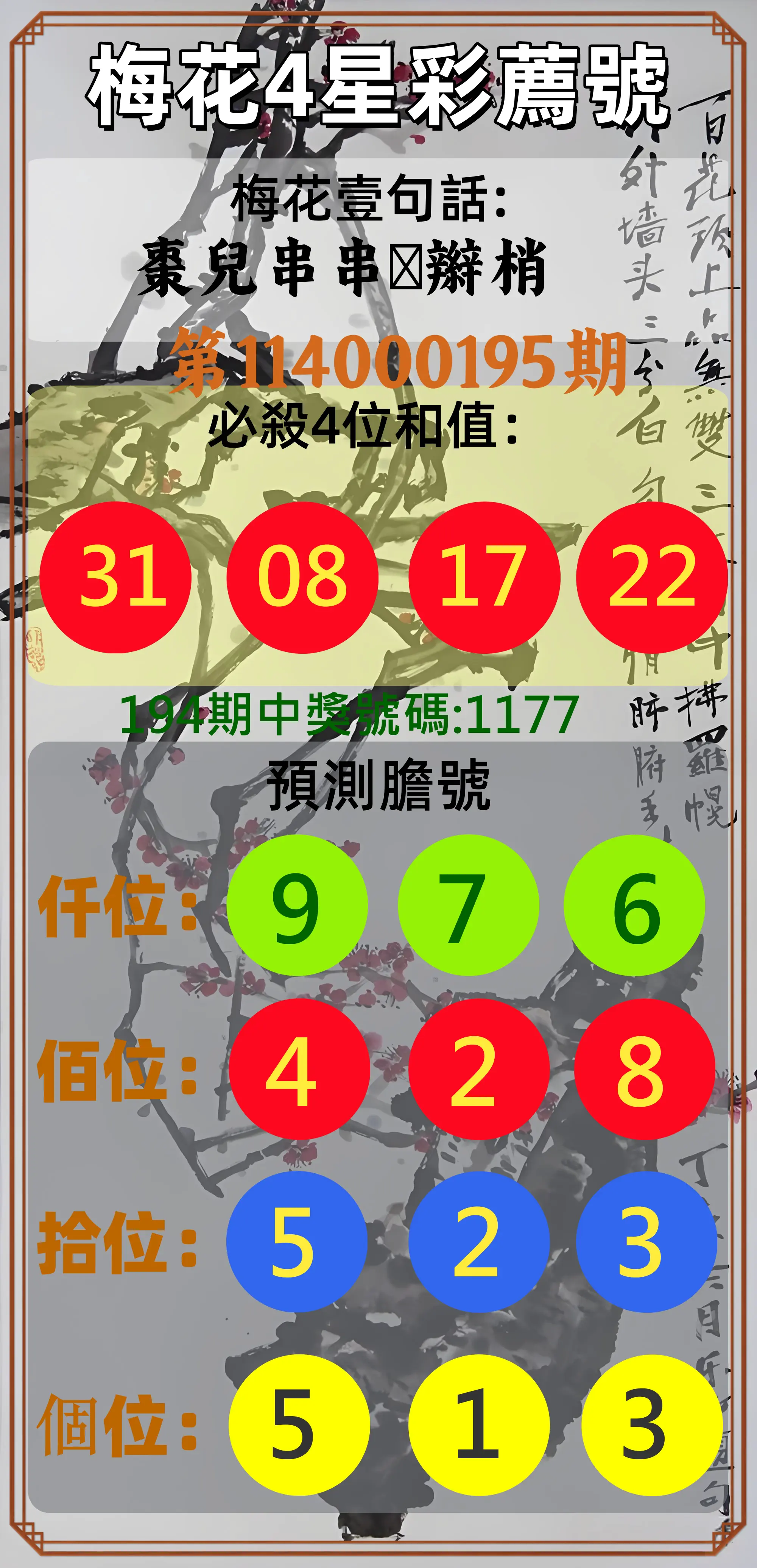 4星彩第114000195期(08/12)梅花4星彩薦號