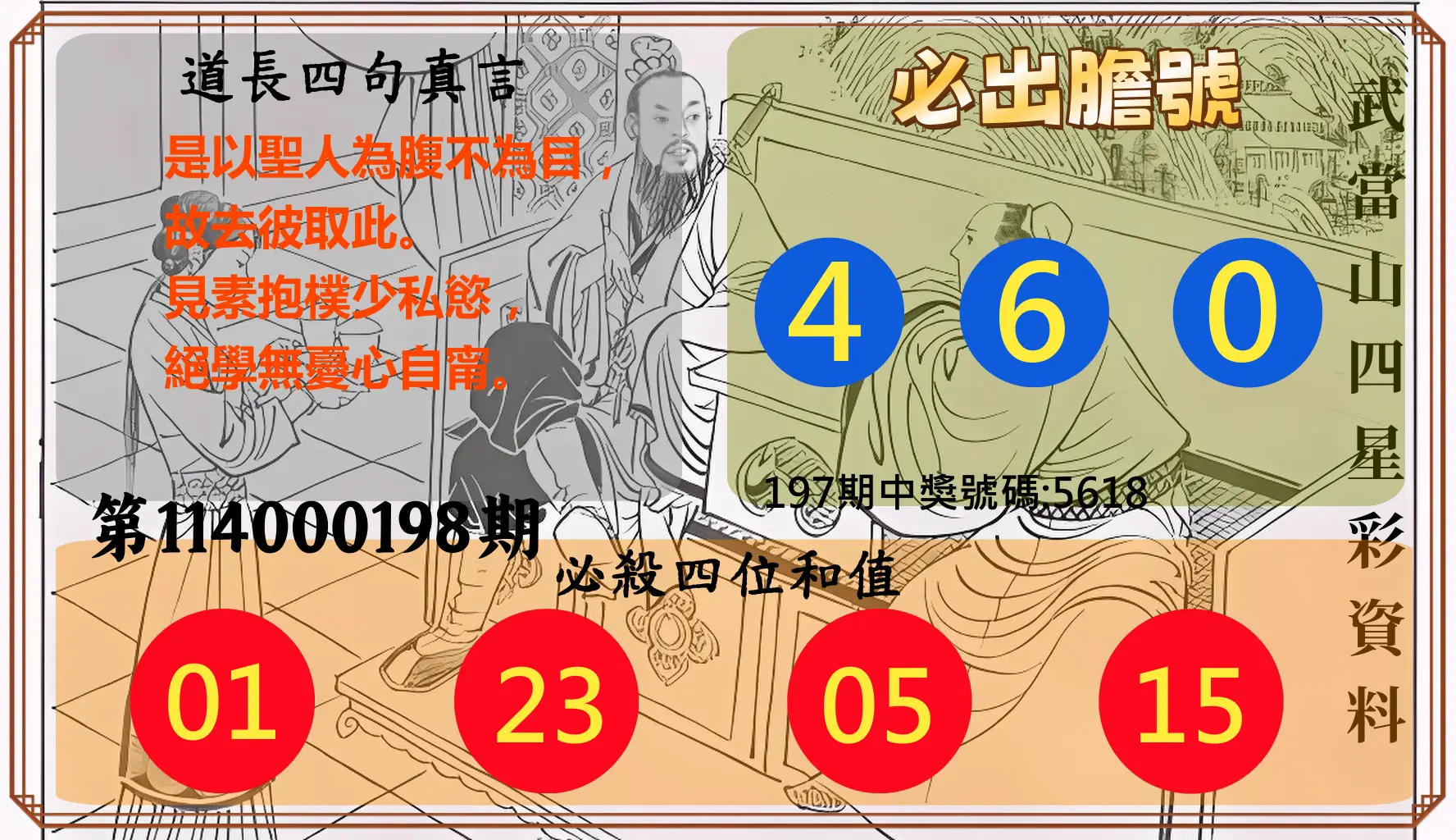 4星彩第114000198期(08/15)武當山四星彩資料