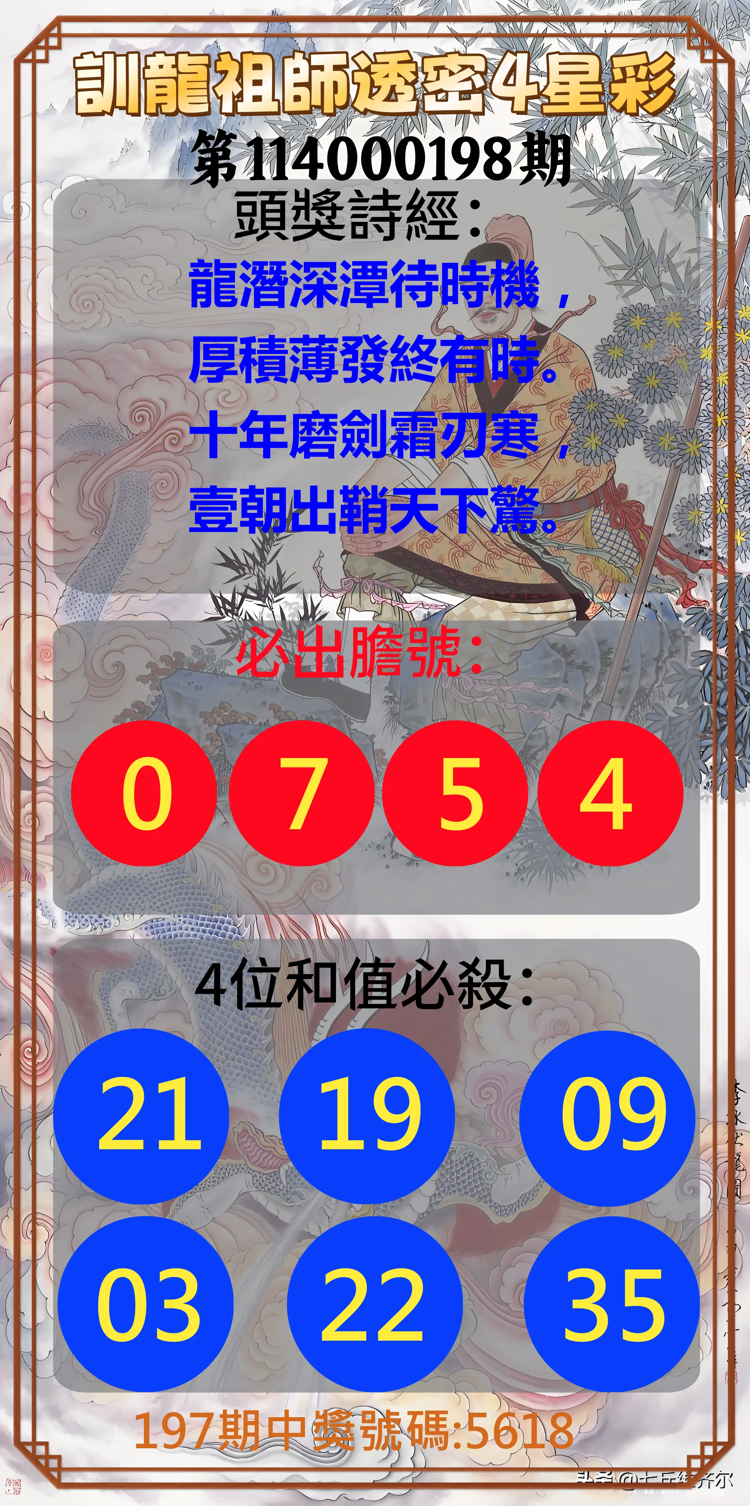 4星彩第114000198期(08/15)訓龍祖師透密4星彩