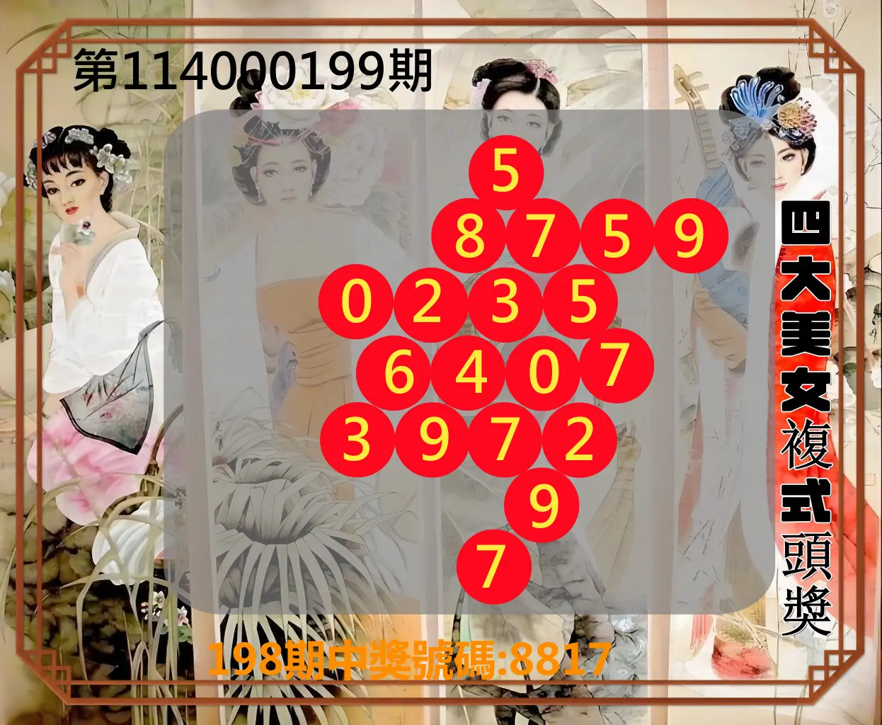 4星彩第114000199期(08/16)四大美女複式頭獎