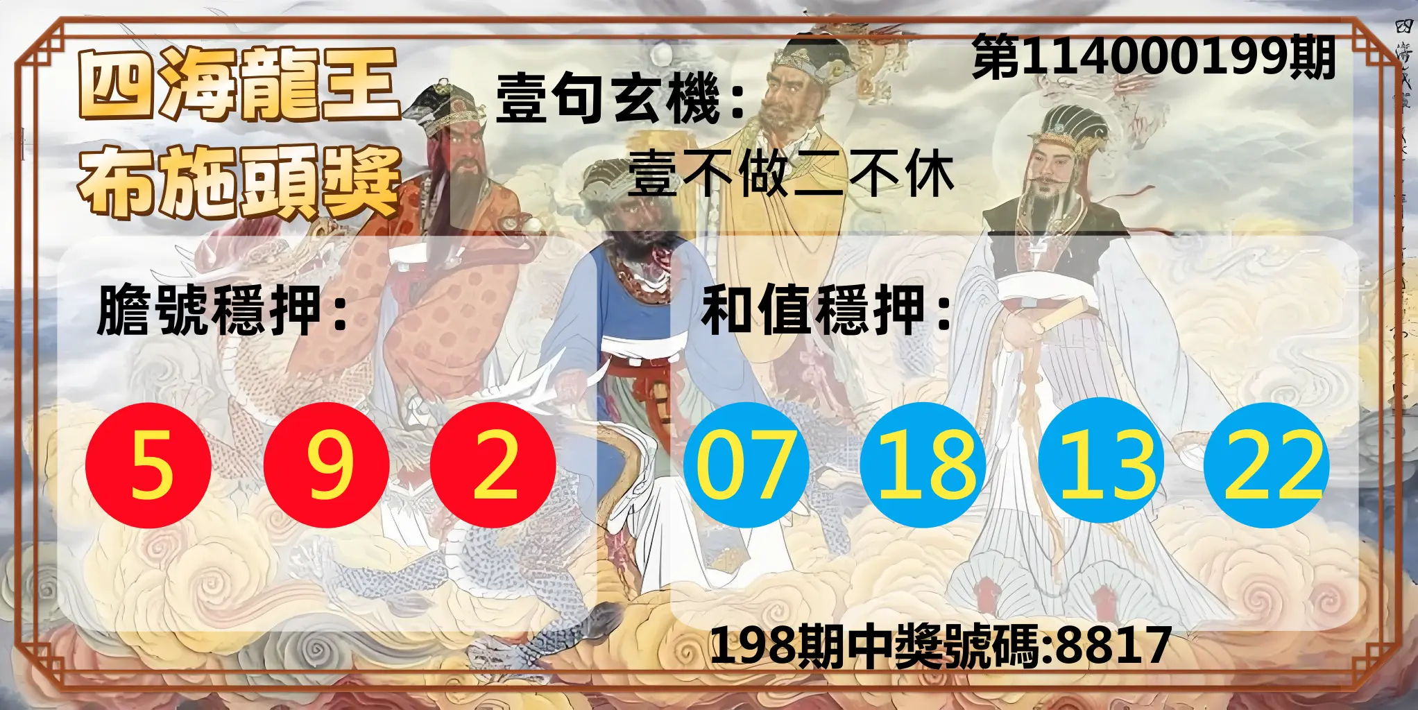 4星彩第114000199期(08/16)四海龍王布施頭獎