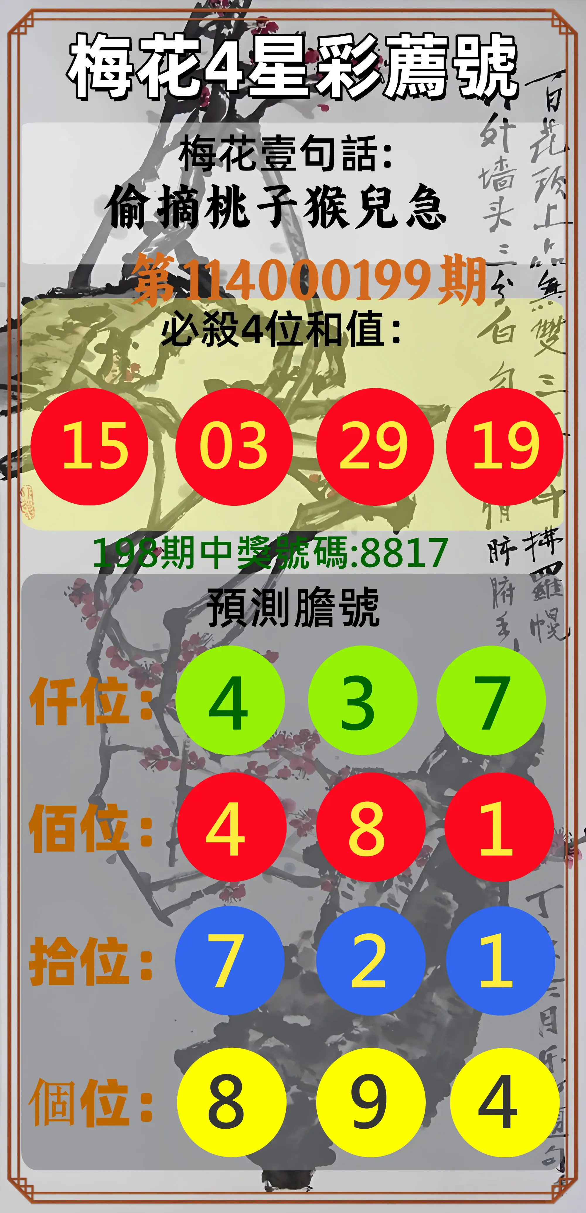 4星彩第114000199期(08/16)梅花4星彩薦號