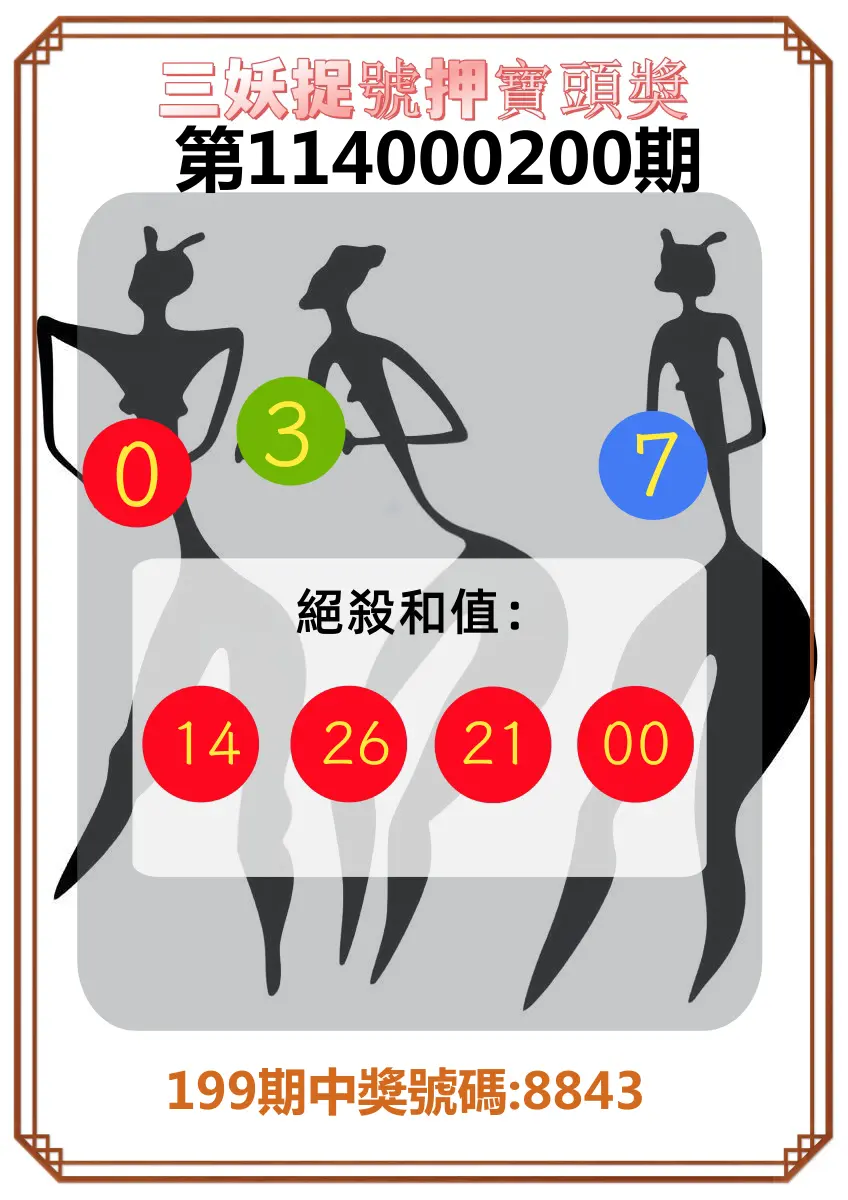 4星彩第114000200期(08/18)三妖捉號押寶頭獎
