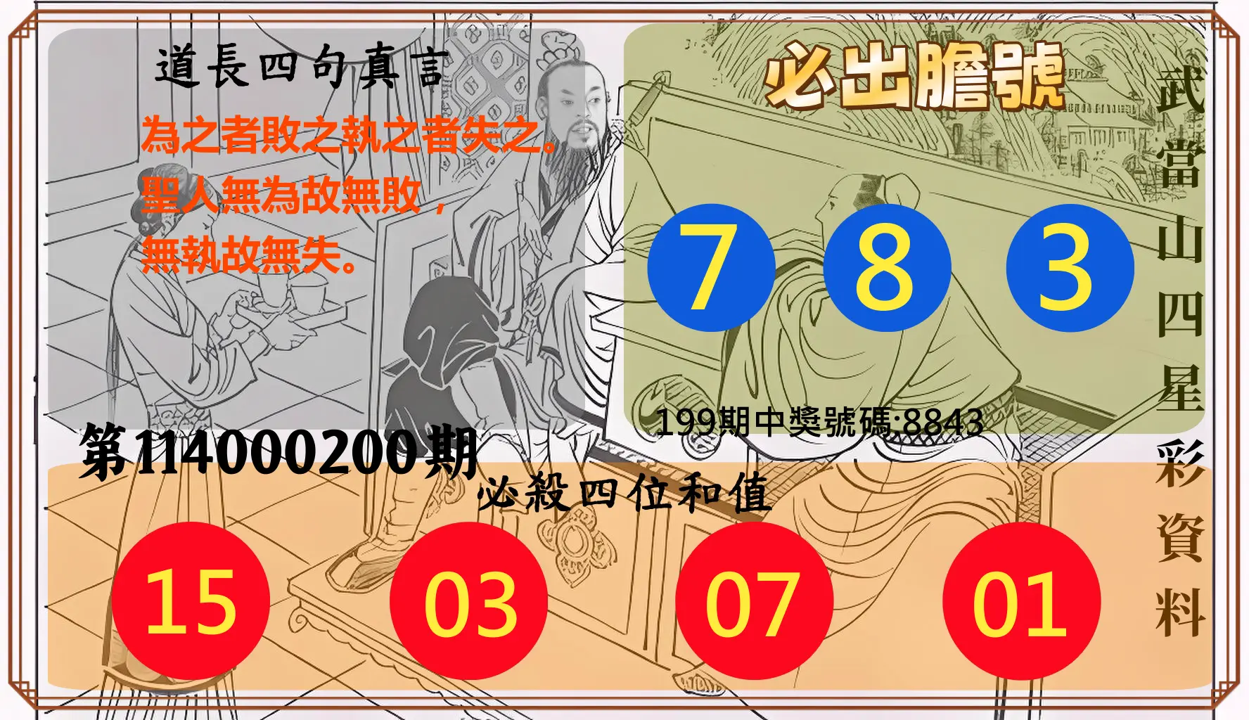 4星彩第114000200期(08/18)武當山四星彩資料