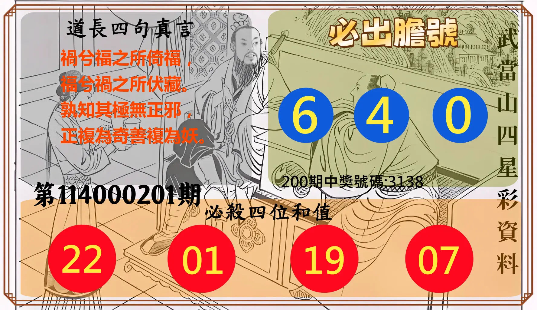 4星彩第114000201期(08/19)武當山四星彩資料