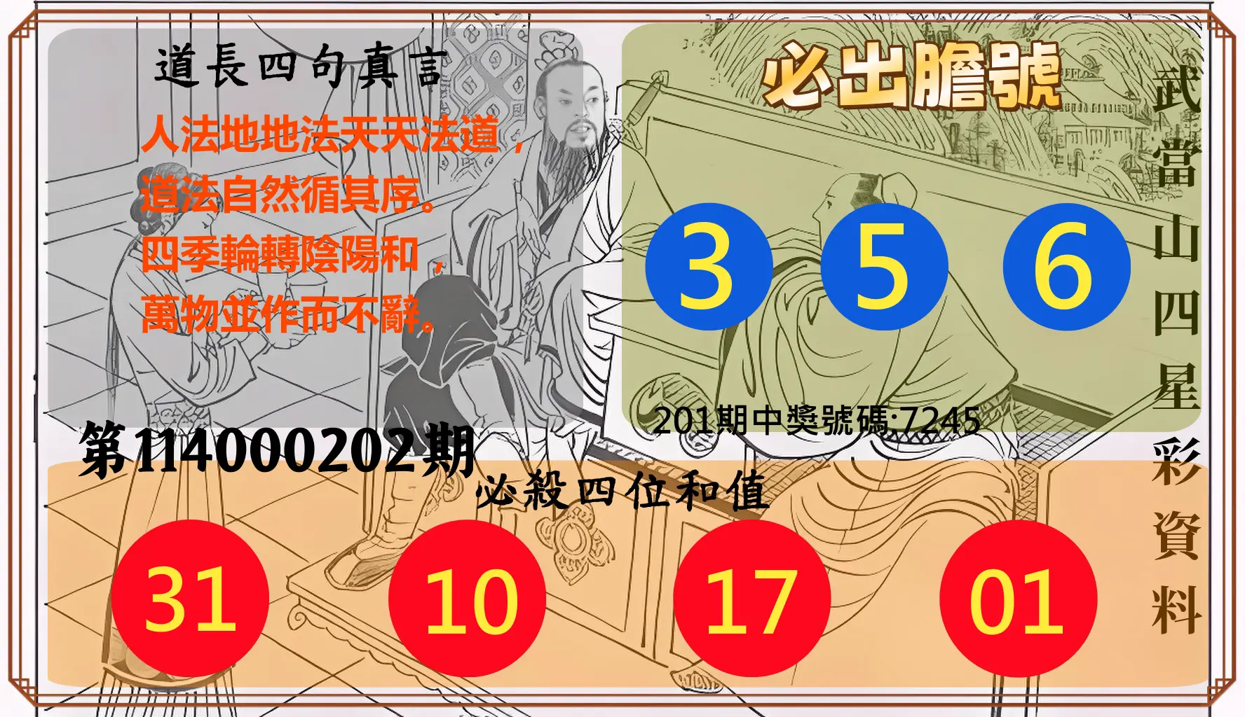 4星彩第114000202期(08/20)武當山四星彩資料