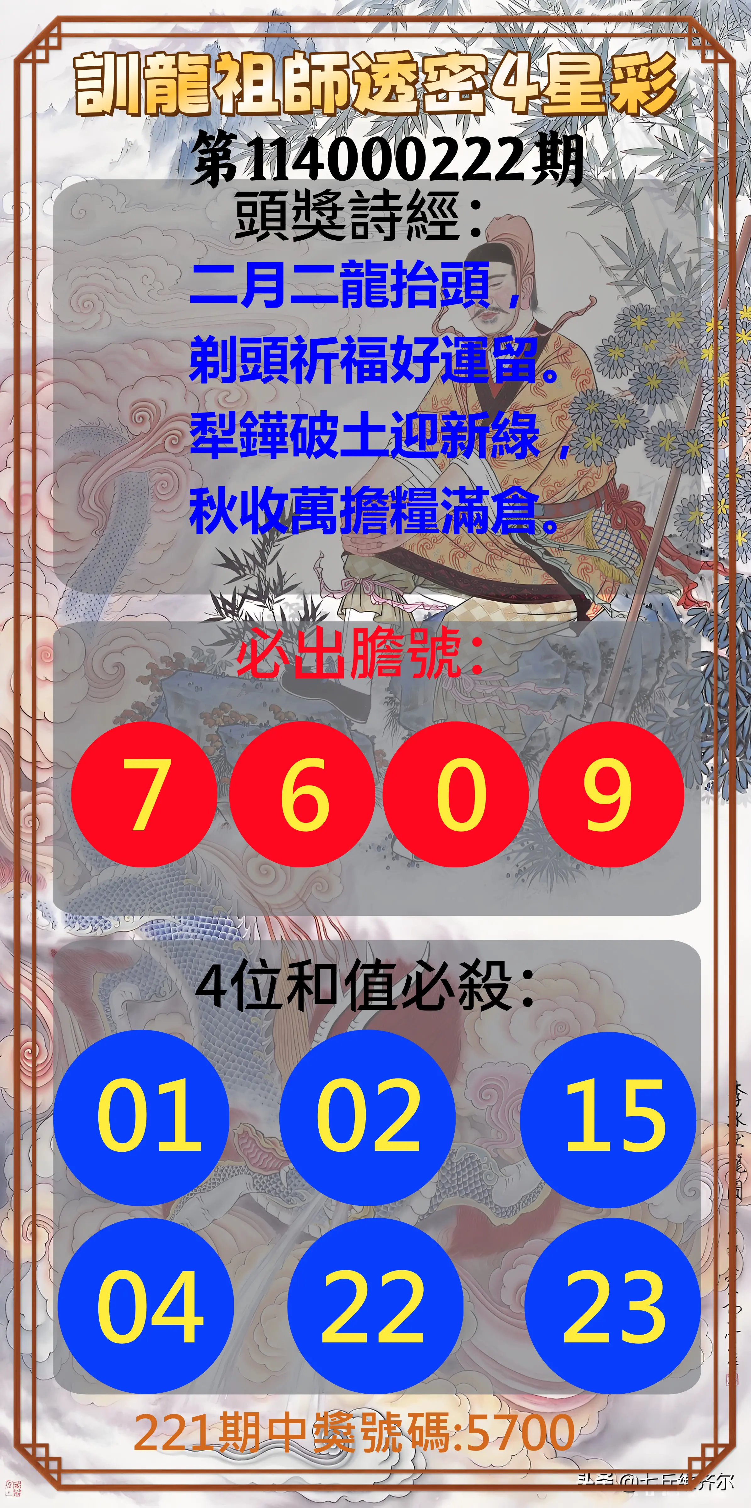4星彩第114000222期(09/12)訓龍祖師透密4星彩