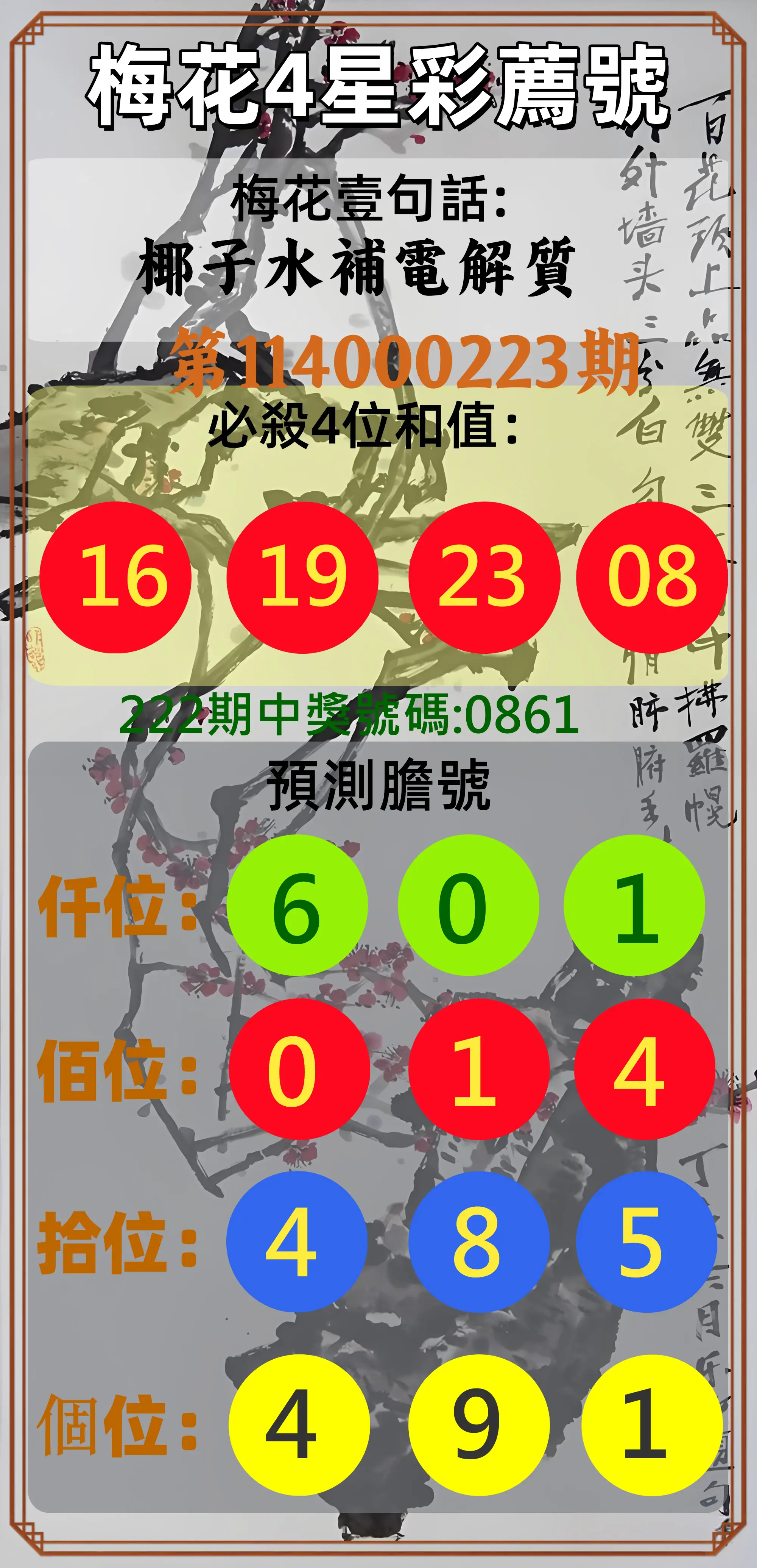 4星彩第114000223期(09/13)梅花4星彩薦號