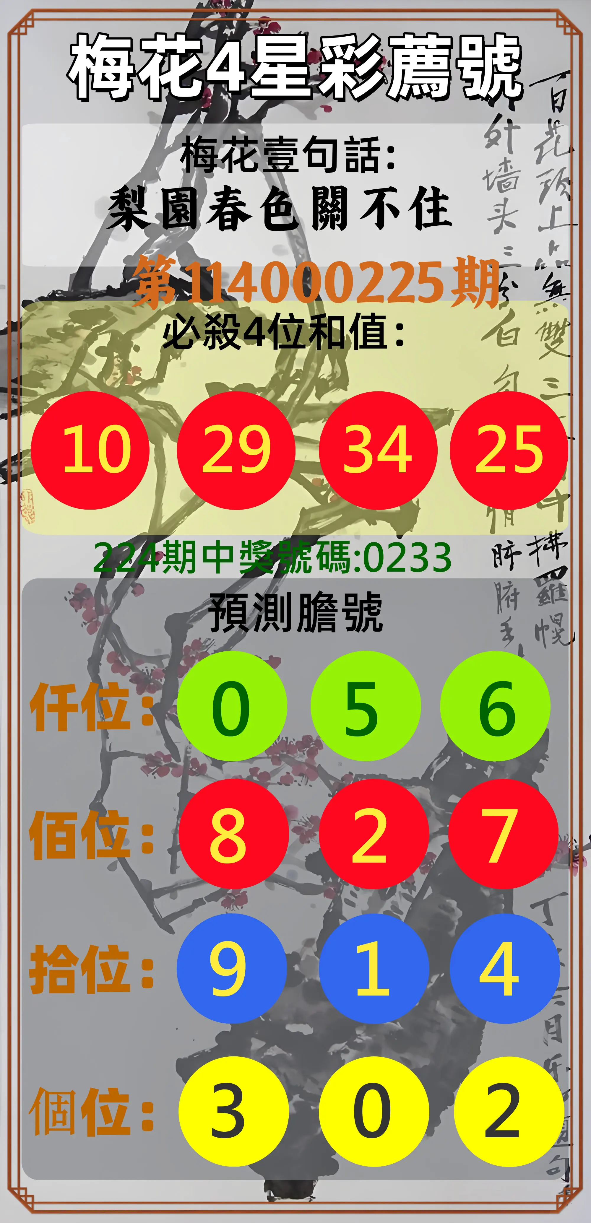 4星彩第114000225期(09/16)梅花4星彩薦號
