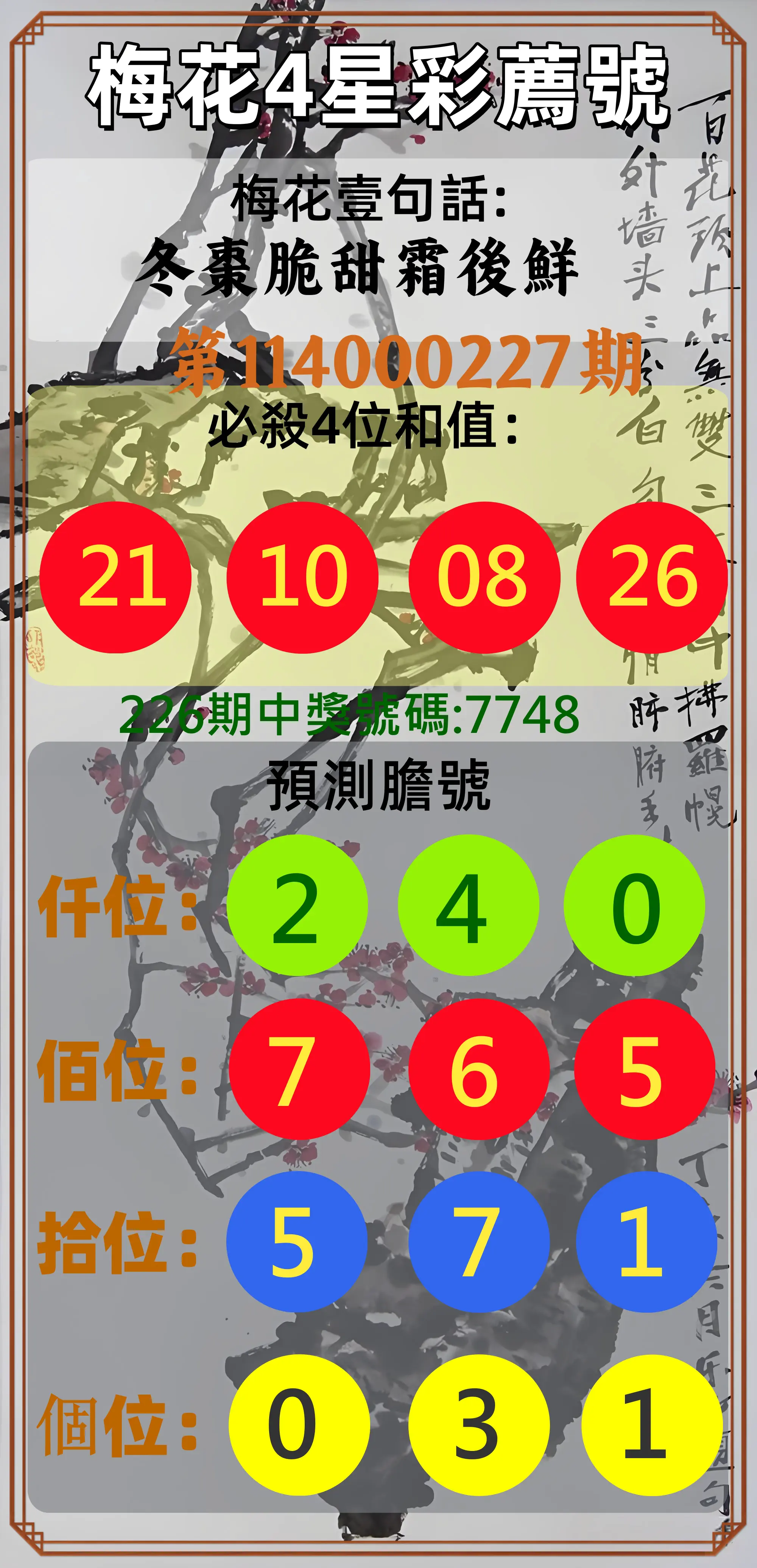 4星彩第114000227期(09/18)梅花4星彩薦號