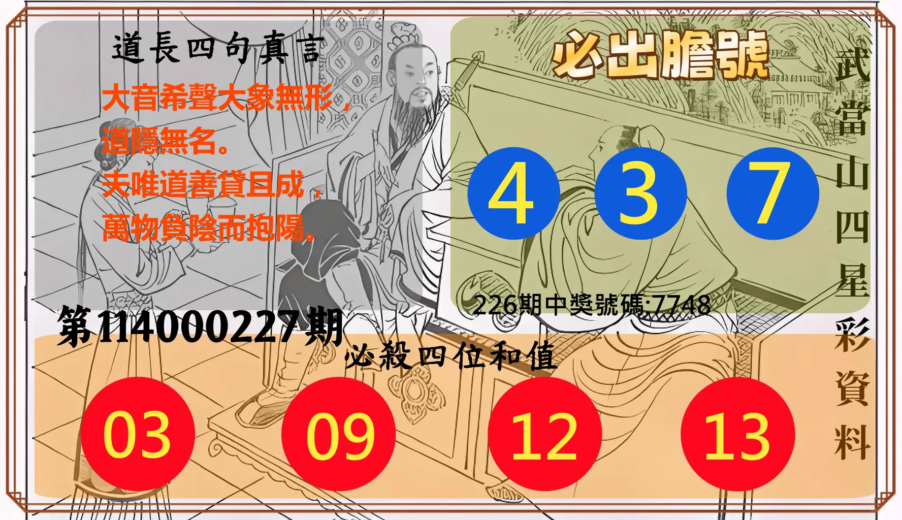 4星彩第114000227期(09/18)武當山四星彩資料