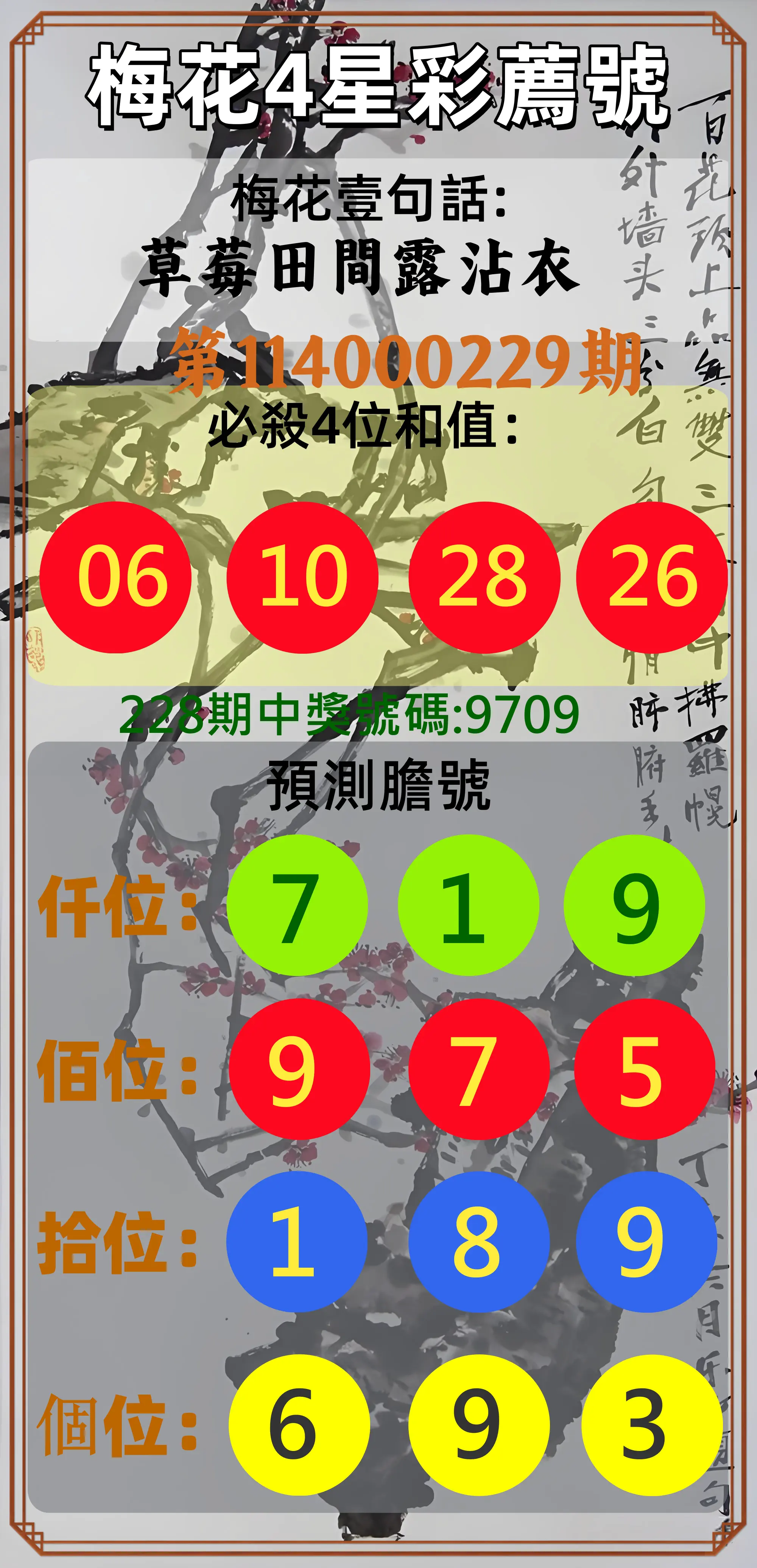 4星彩第114000229期(09/20)梅花4星彩薦號