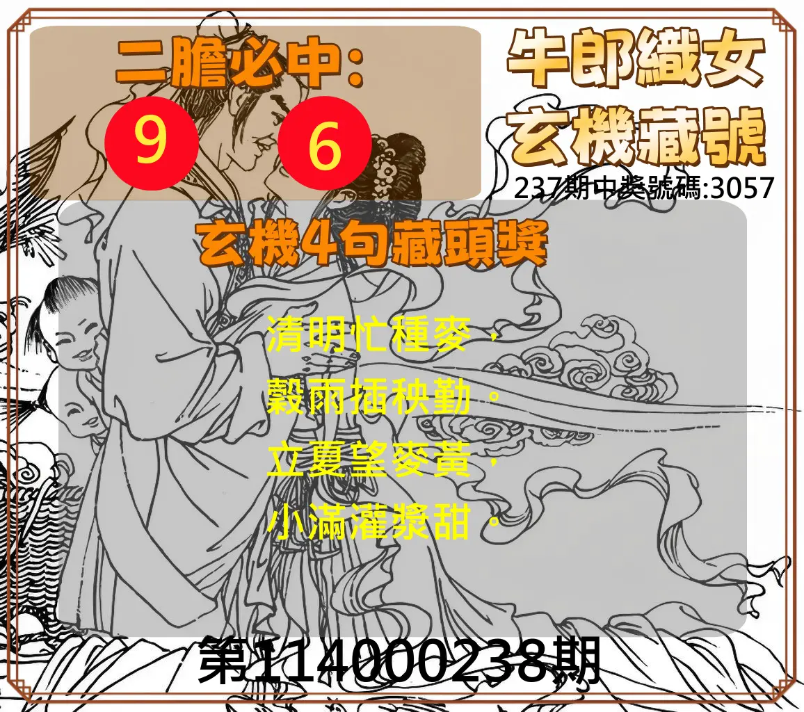 4星彩第114000238期(10/01)牛郎織女玄機藏號