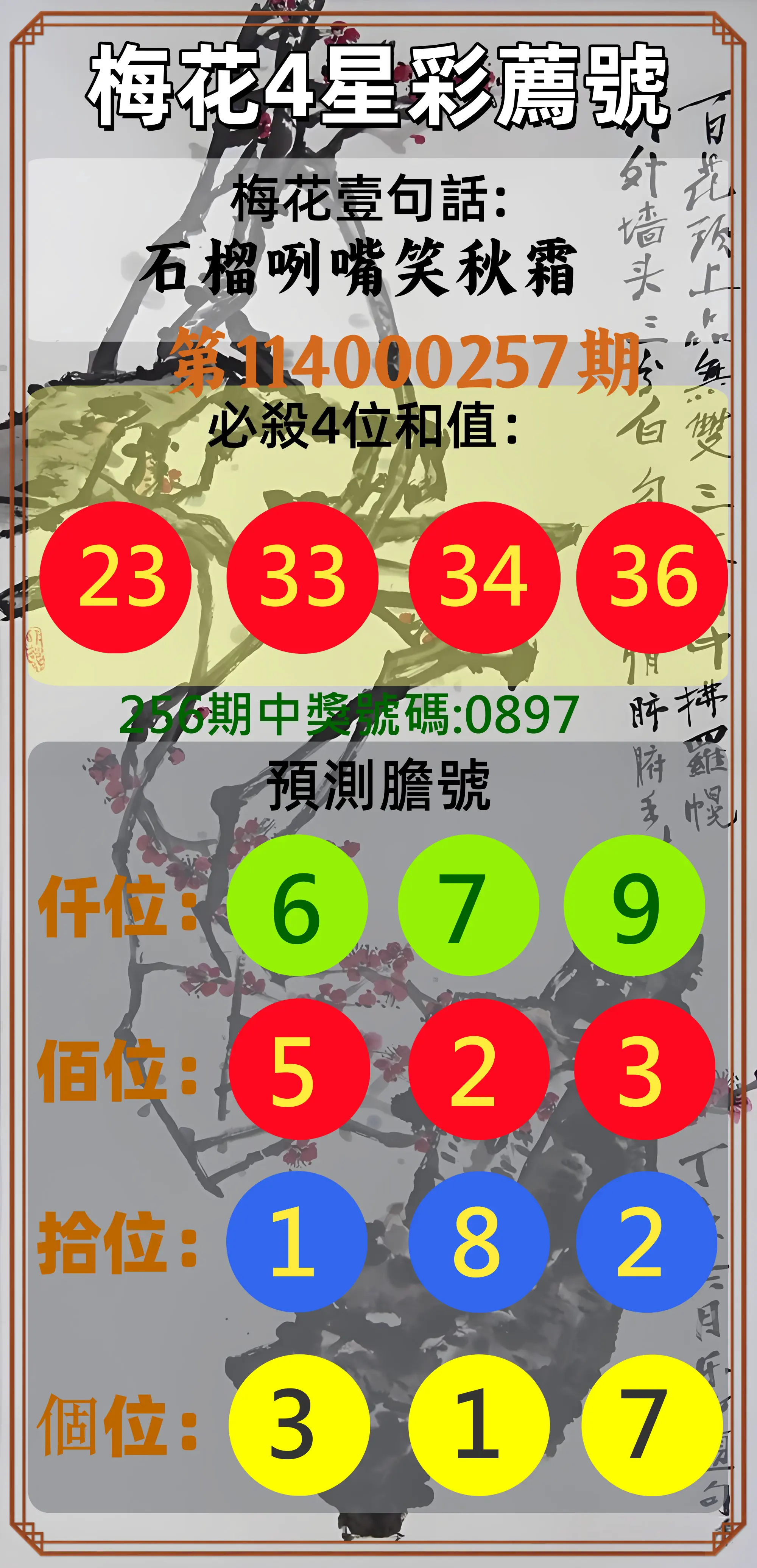 4星彩第114000257期(10/23)梅花4星彩薦號
