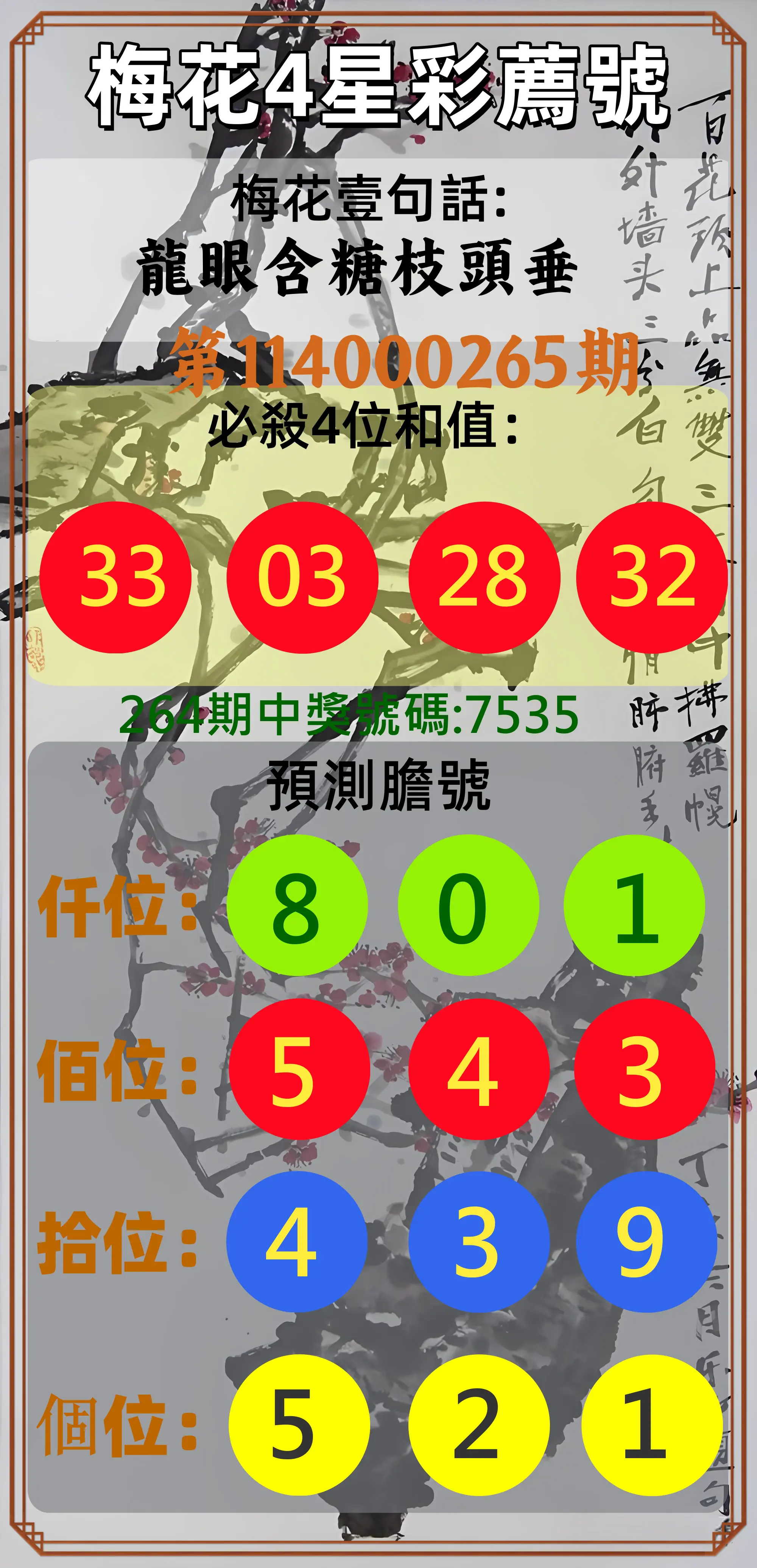 4星彩第114000265期(11/01)梅花4星彩薦號