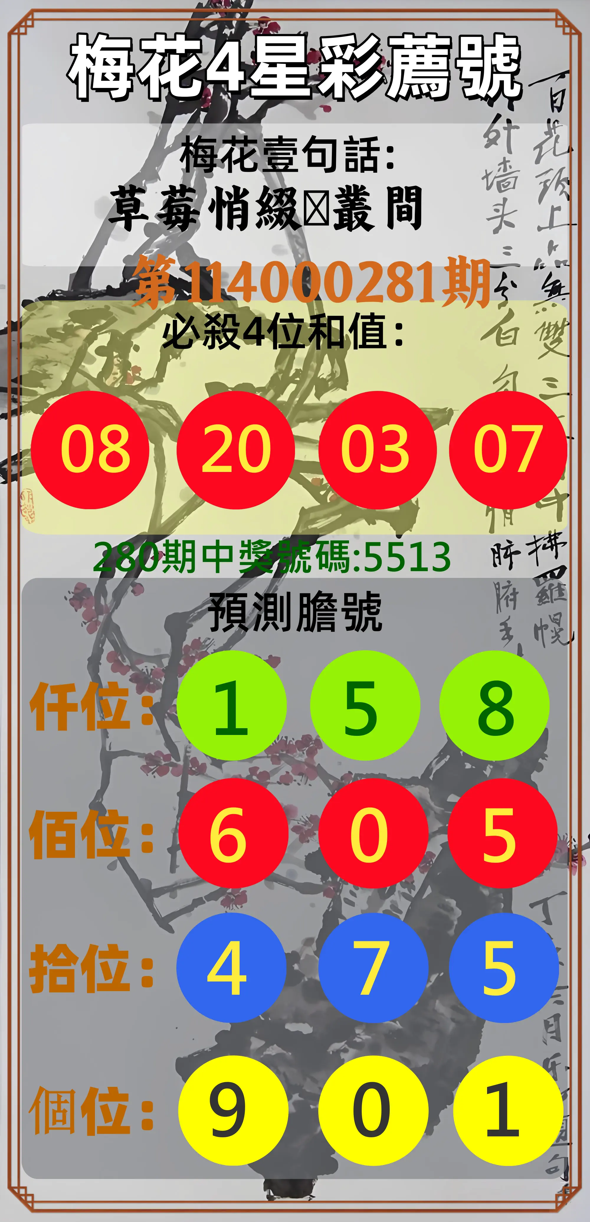4星彩第114000281期(11/20)梅花4星彩薦號