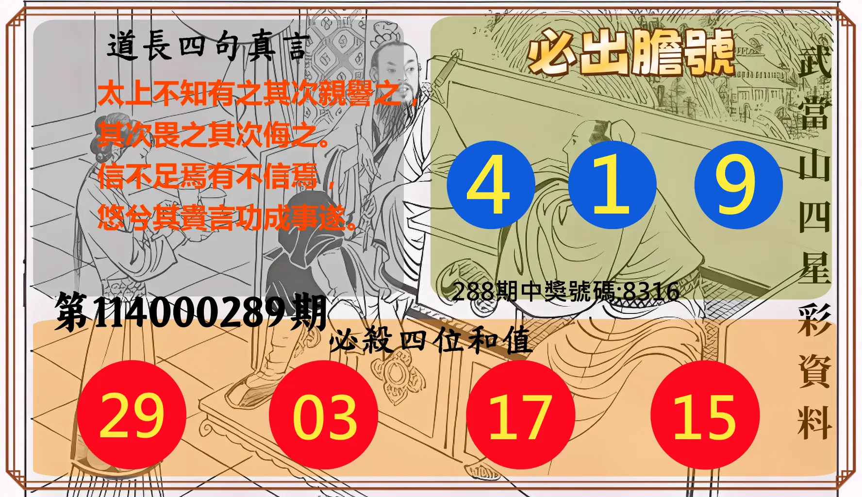 4星彩第114000289期(11/29)武當山四星彩資料
