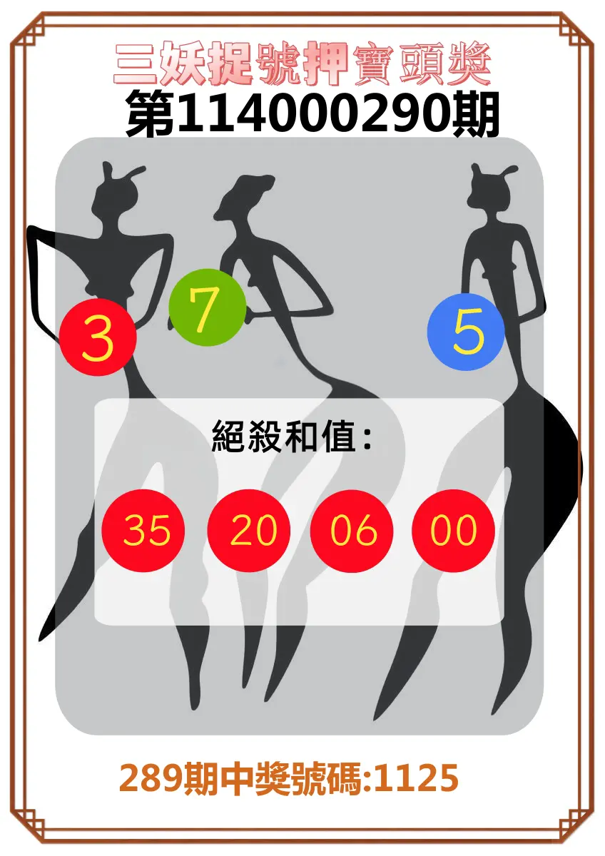 4星彩第114000290期(12/01)三妖捉號押寶頭獎