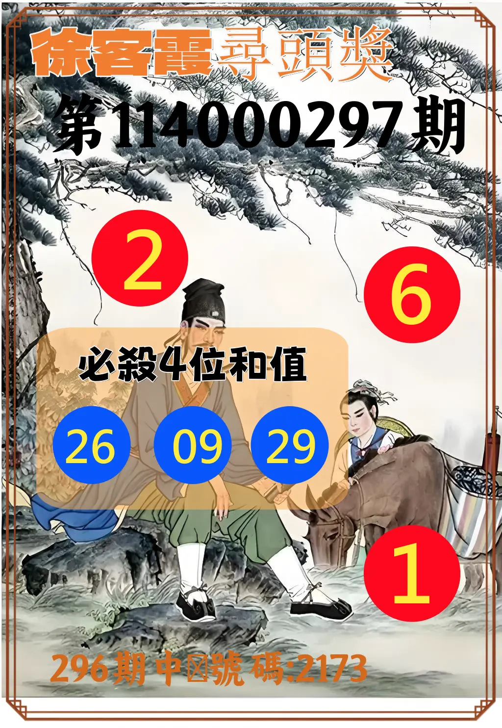 4星彩第114000297期(12/09)徐客霞尋頭獎