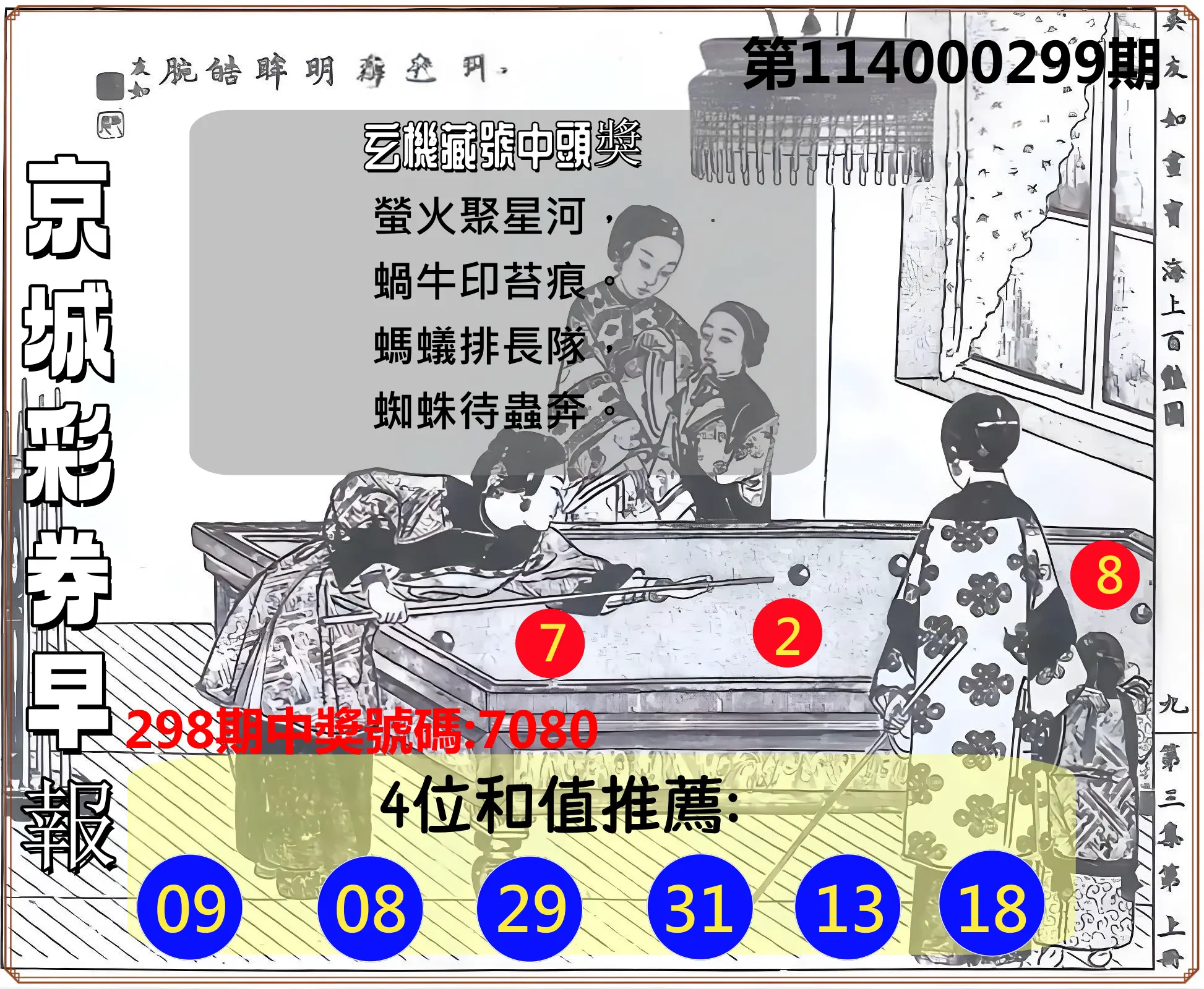 4星彩第114000299期(12/11)京城彩券早報