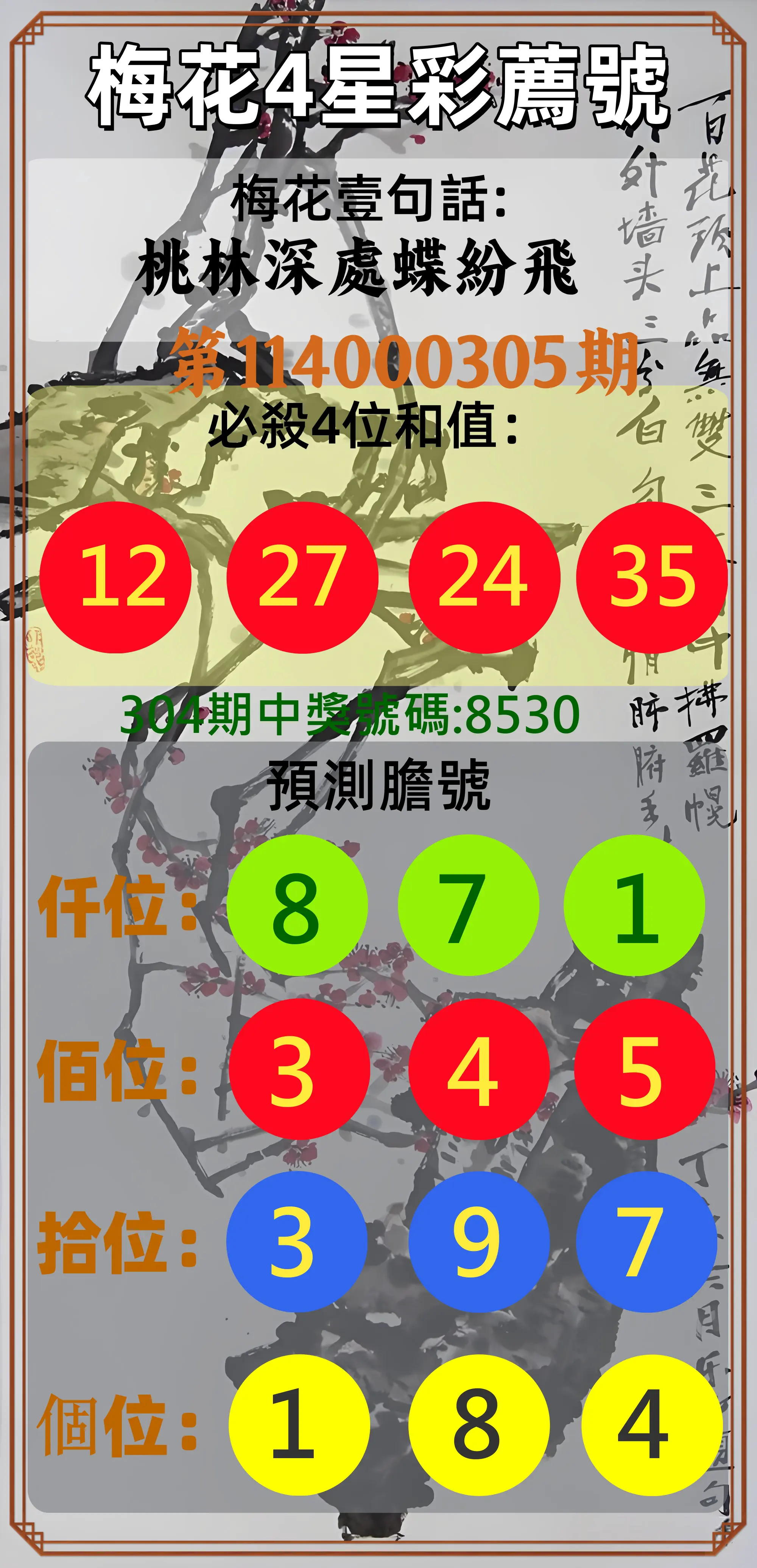 4星彩第114000305期(12/18)梅花4星彩薦號
