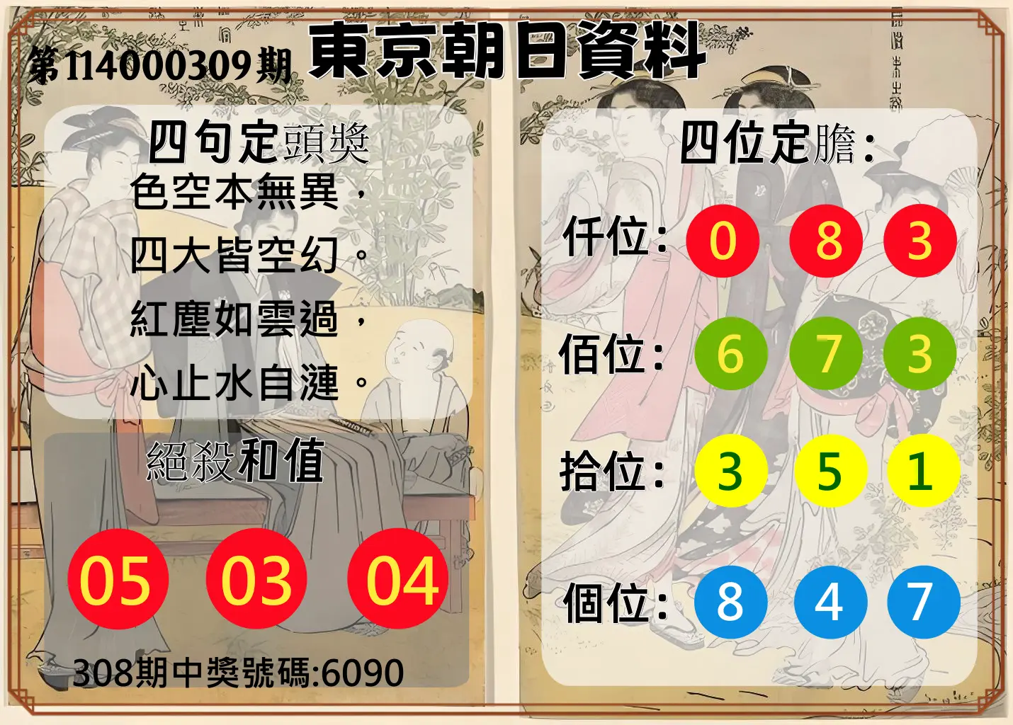 4星彩第114000309期(12/23)東京朝日資料