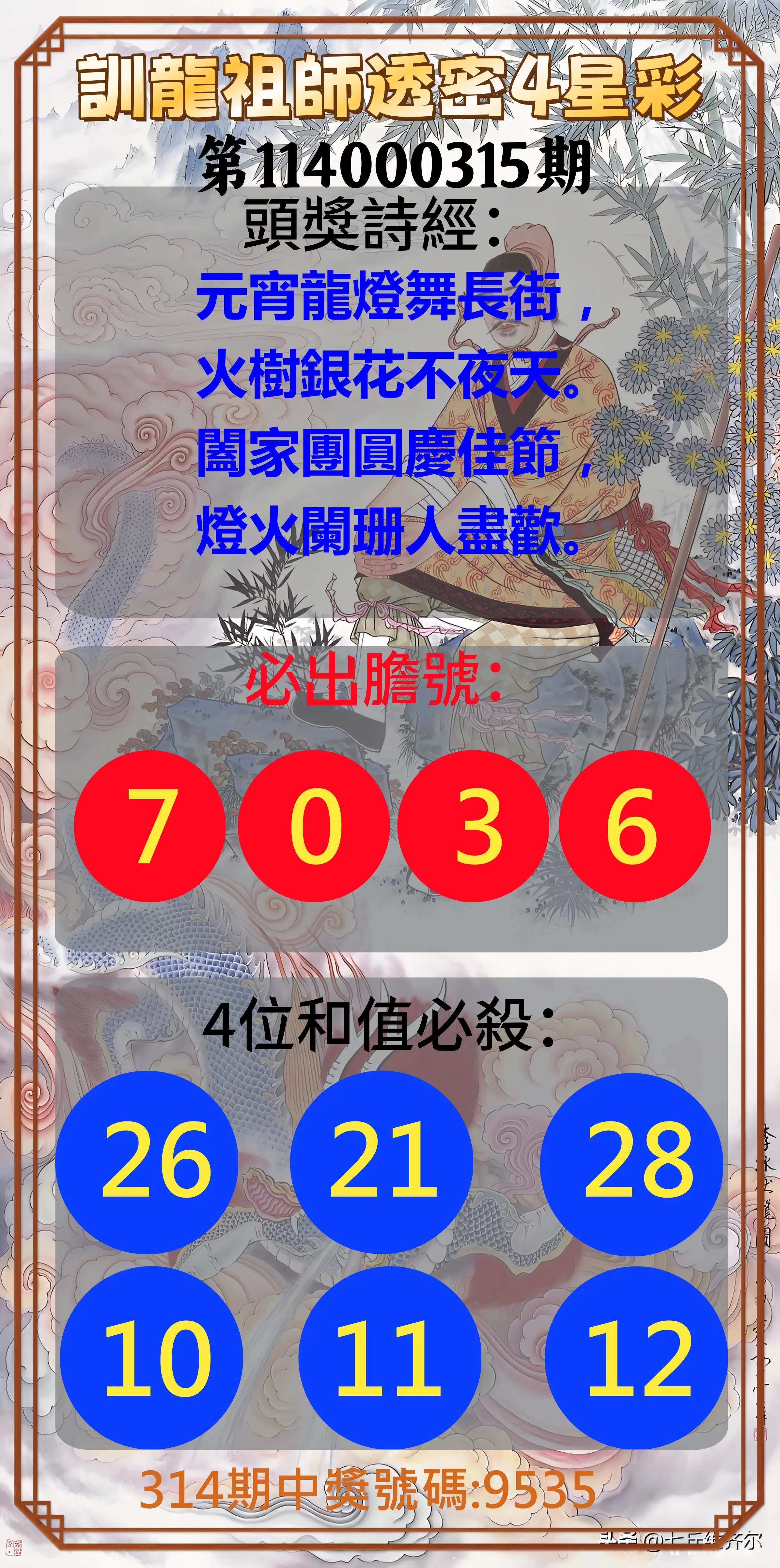 4星彩第114000315期(12/30)訓龍祖師透密4星彩